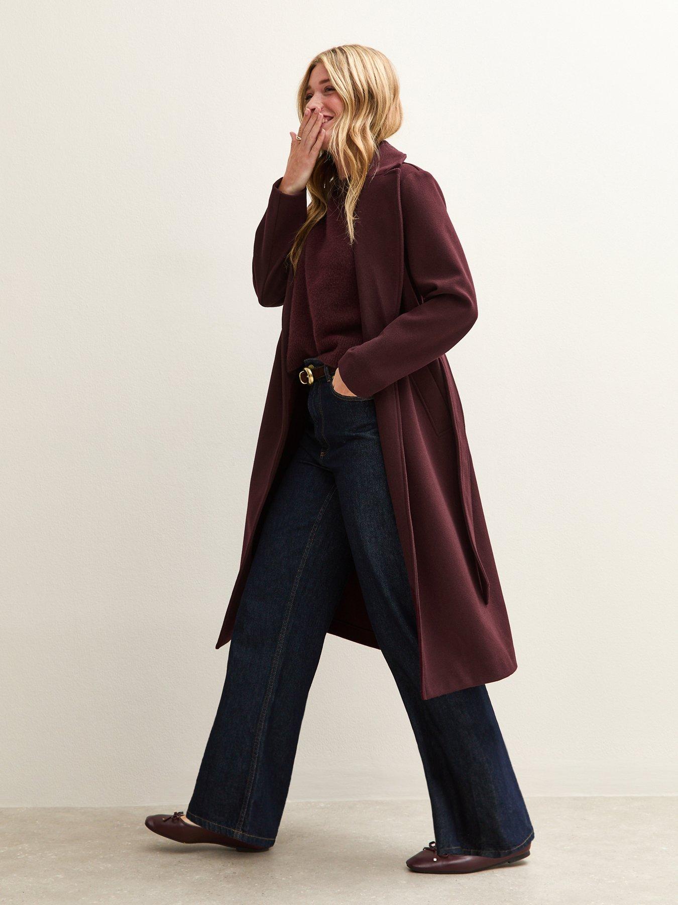 New Look Unlined Longline Belted Coat - Burgundy