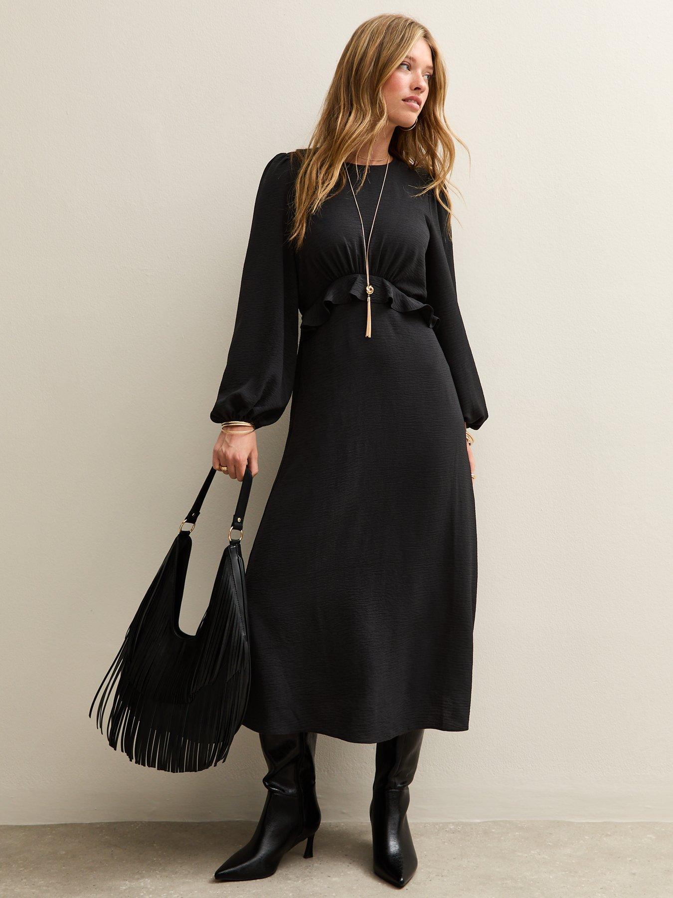 New Look Ruffle Trim Long Sleeve Midi Dress - Black