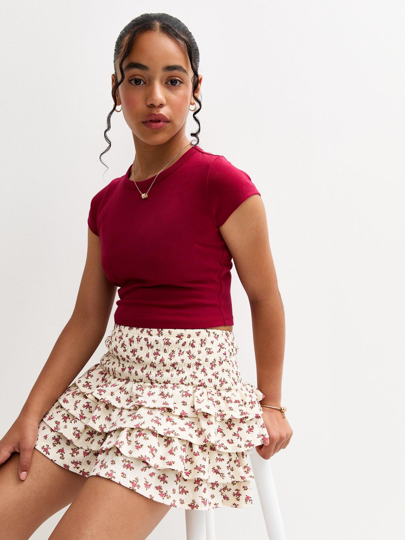 undefined Girls Cream Floral Print Tiered Skirt - White