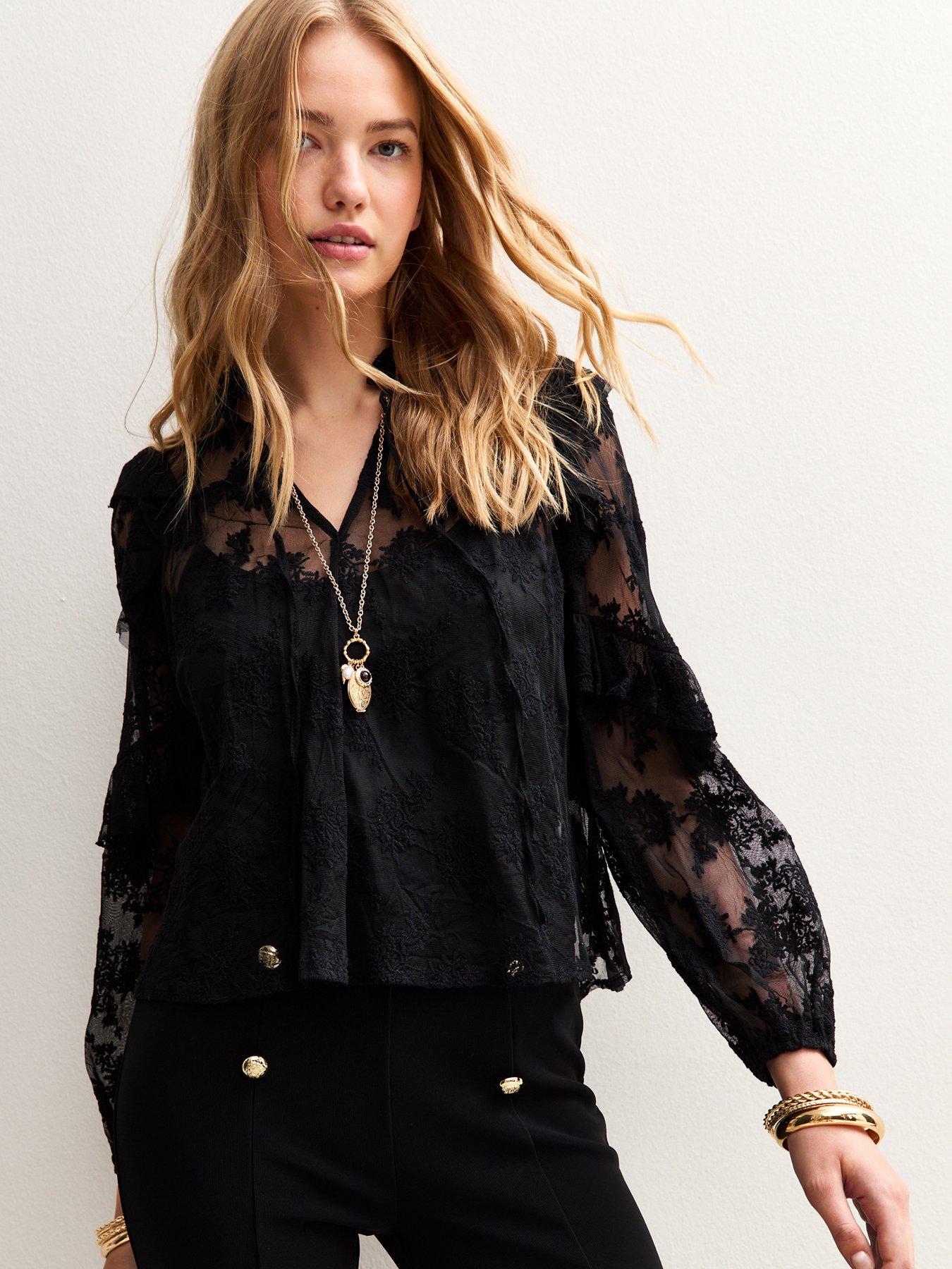 undefined Black Floral Lace High Neck Semi-sheer Blouse