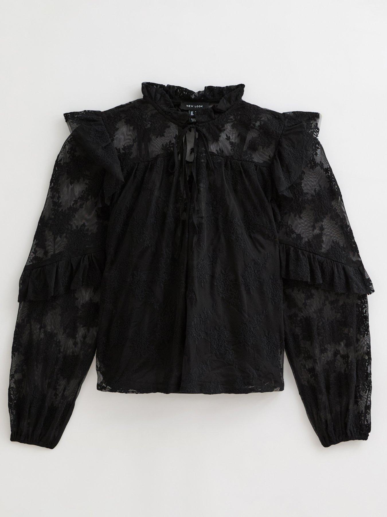 Image 5 of 5 of New Look Black Floral Lace High Neck Semi-sheer Blouse