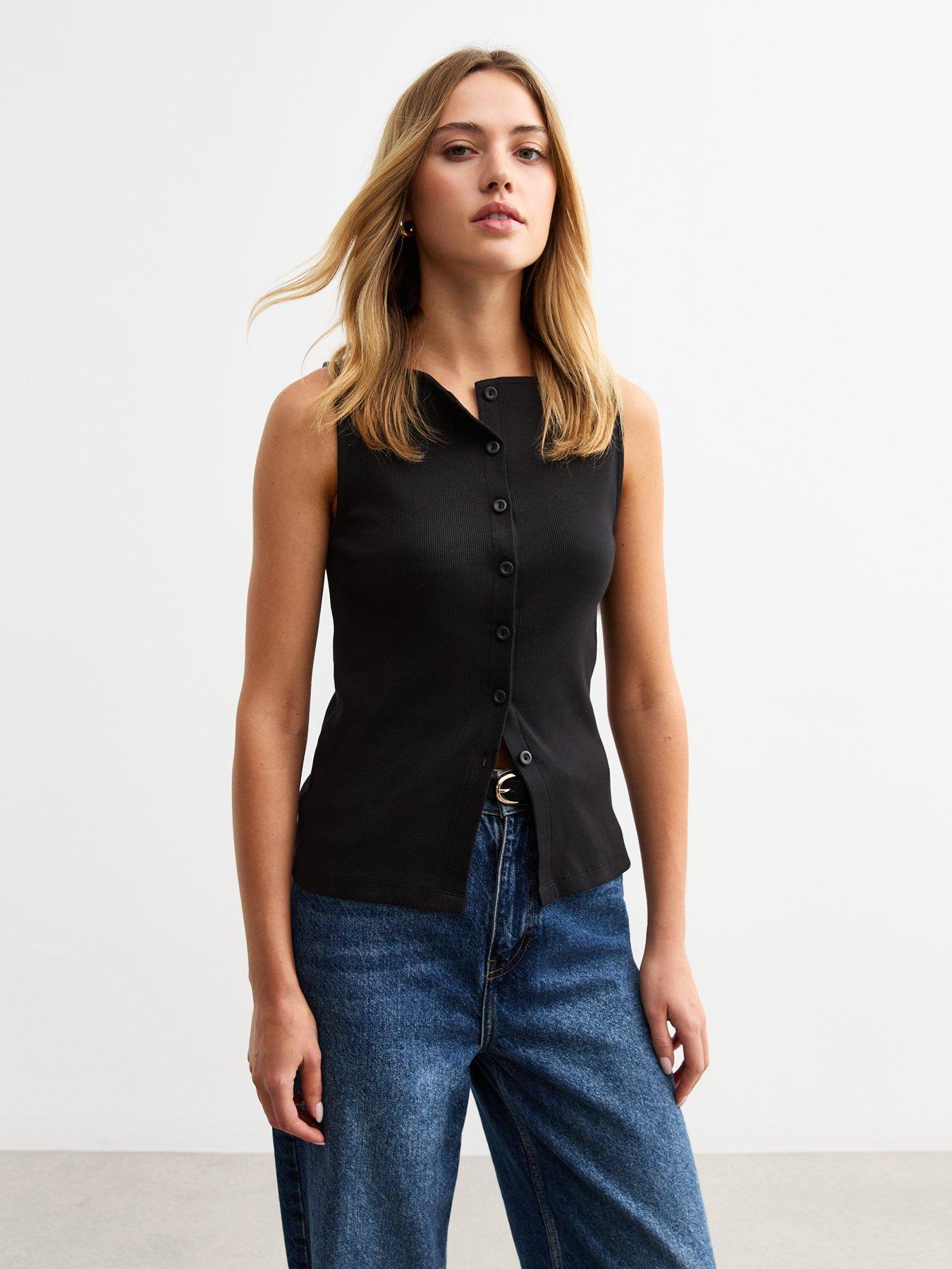 new-look-black-ribbed-button-front-tank-top