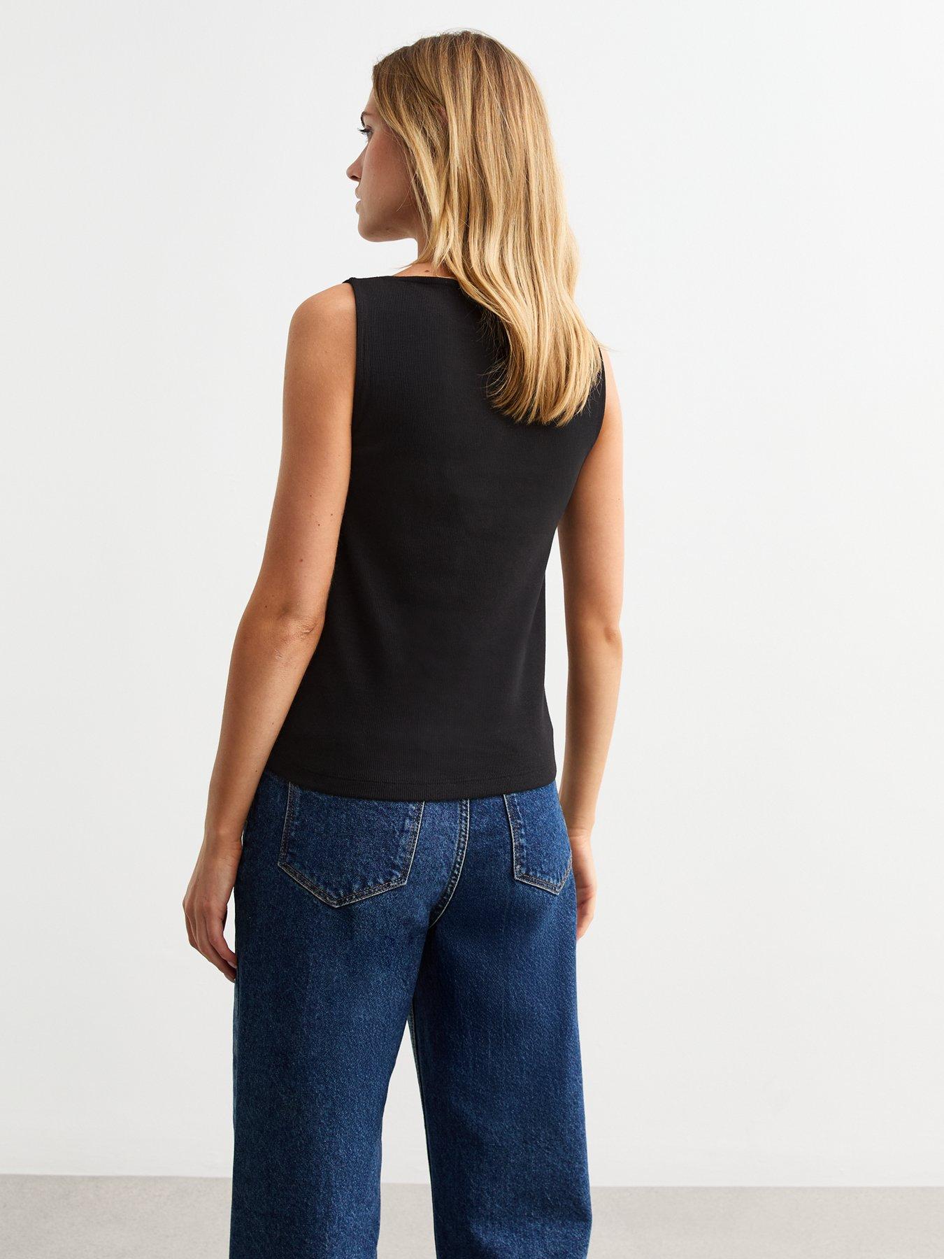 Image 2 of 4 of New Look Ribbed Button Front Tank Top - Black