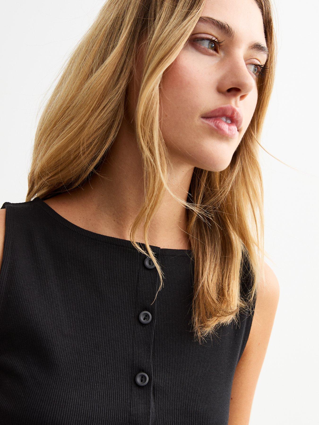 Image 4 of 4 of New Look Ribbed Button Front Tank Top - Black