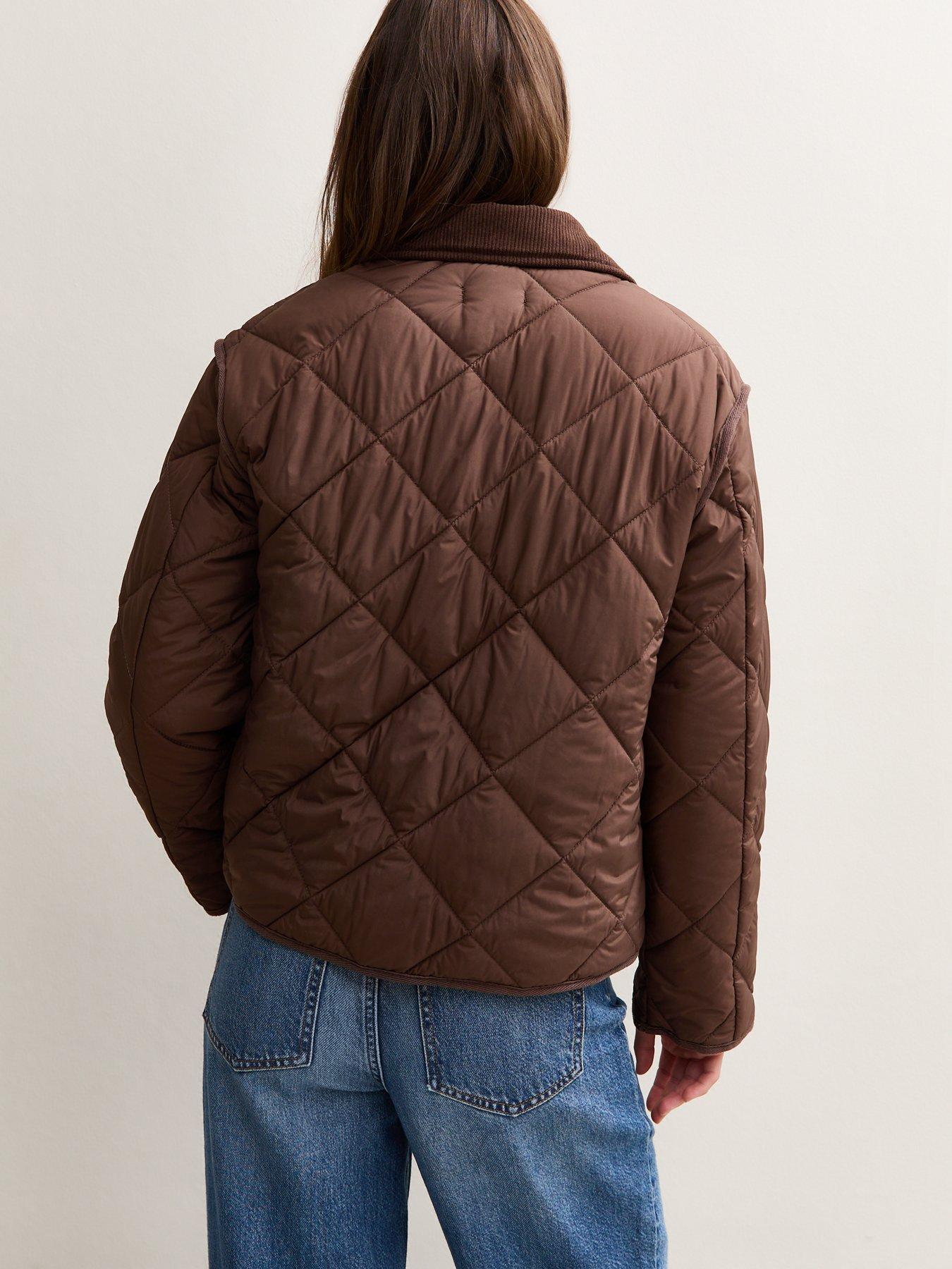 Image 2 of 6 of New Look Corduroy Collar Quilted Jacket - Dark Brown