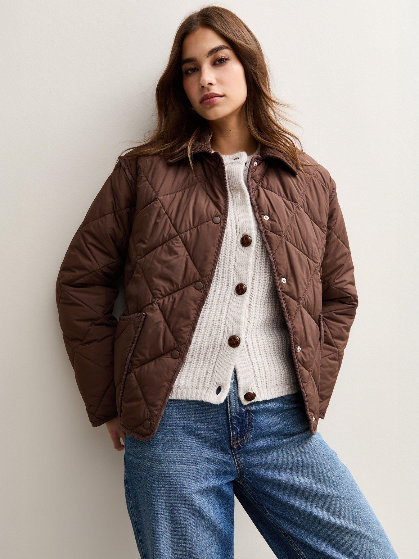 Image 5 of 6 of New Look Corduroy Collar Quilted Jacket - Dark Brown