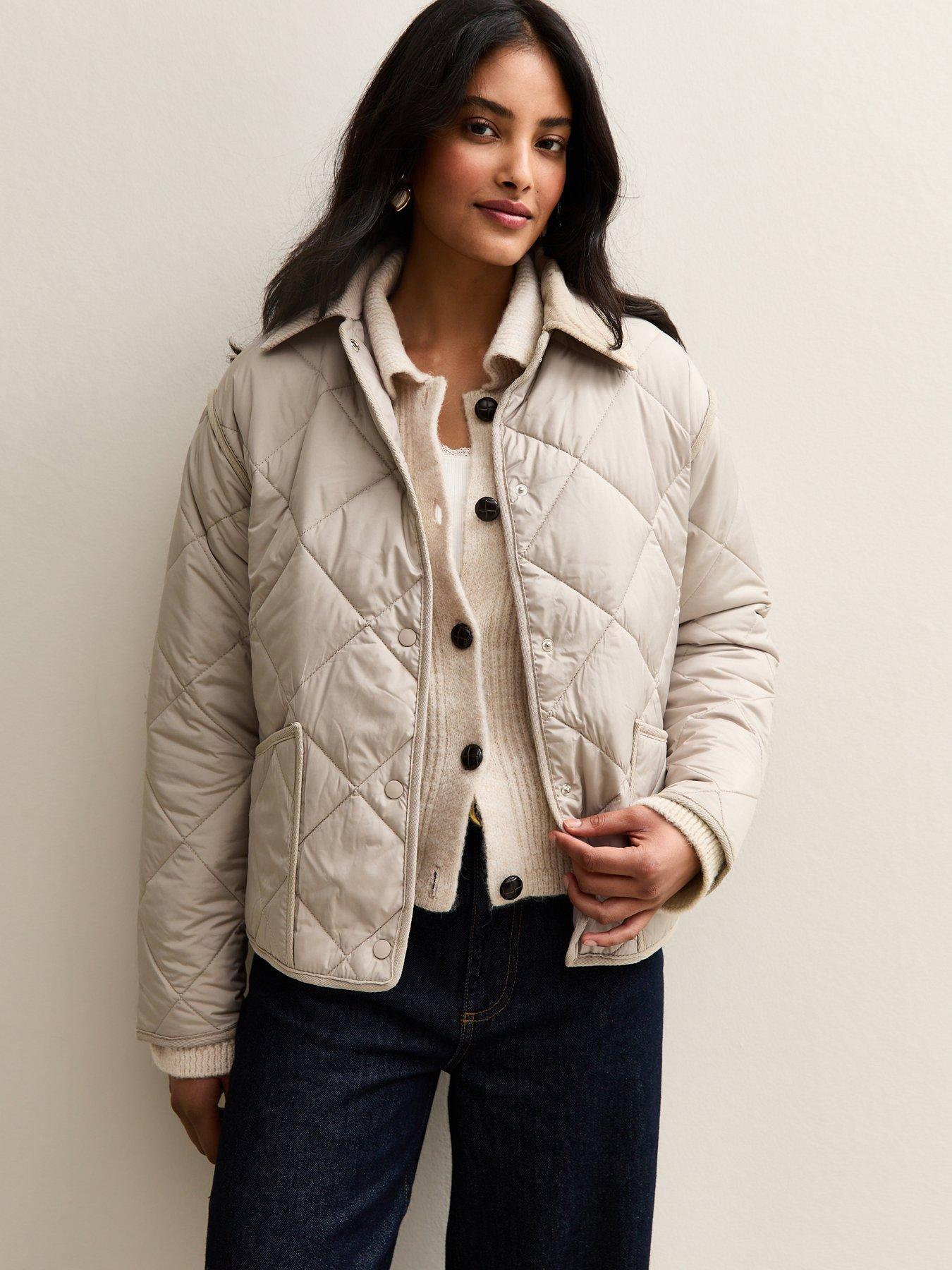 New Look Off White Corduroy Collar Quilted Jacket
