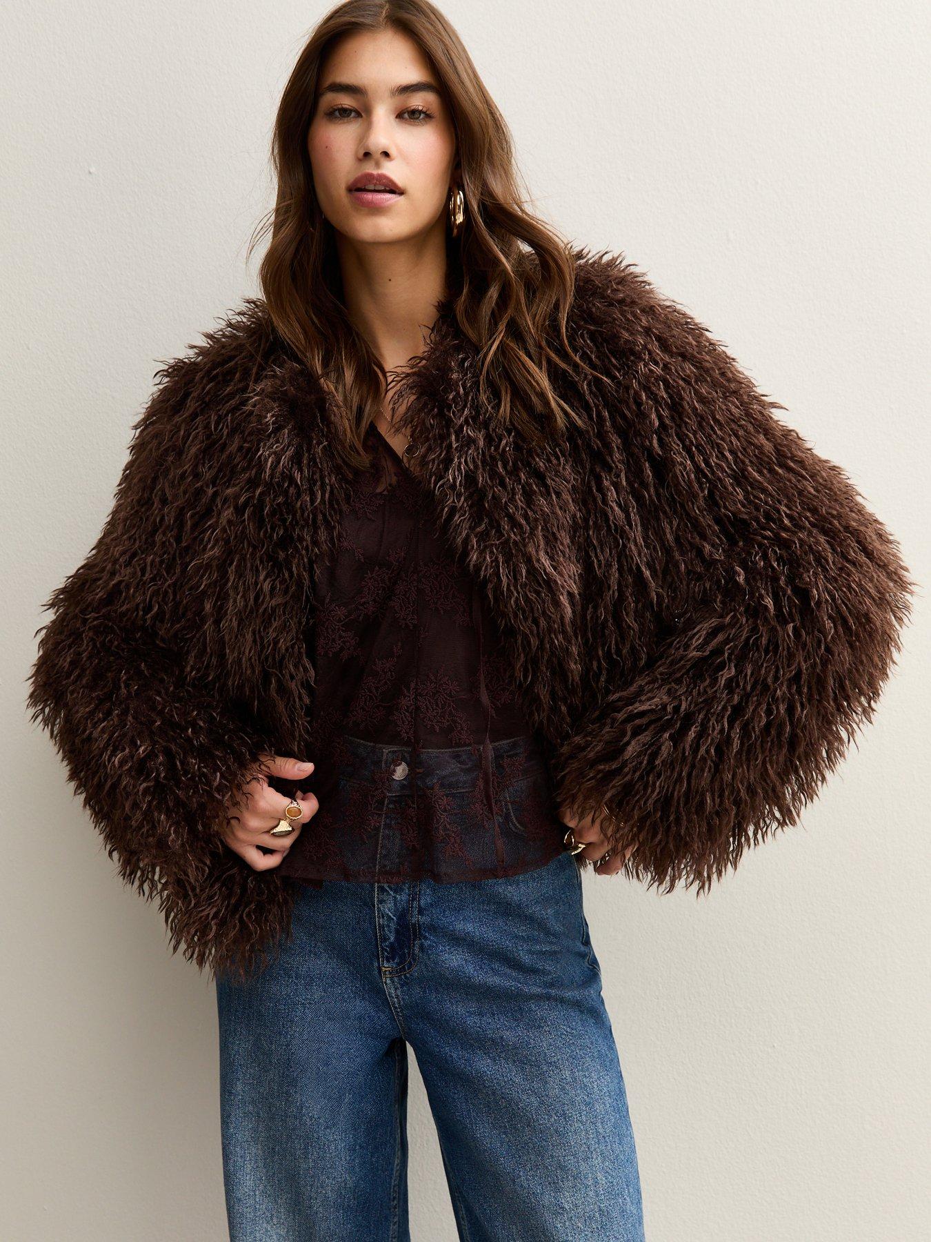Image 1 of 4 of New Look Faux Fur Coat - Brown