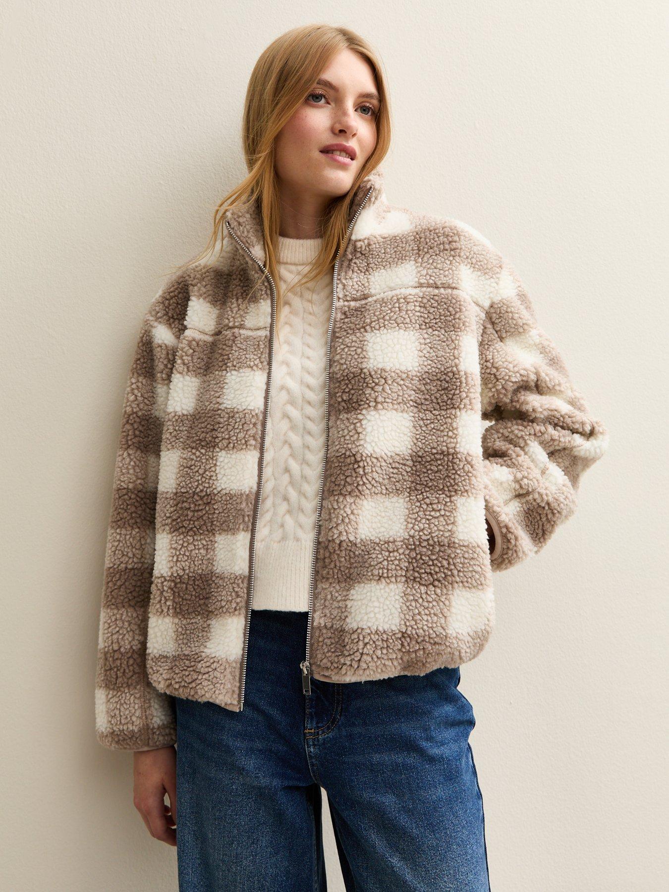 New Look Checked Borg Jacket - Cream