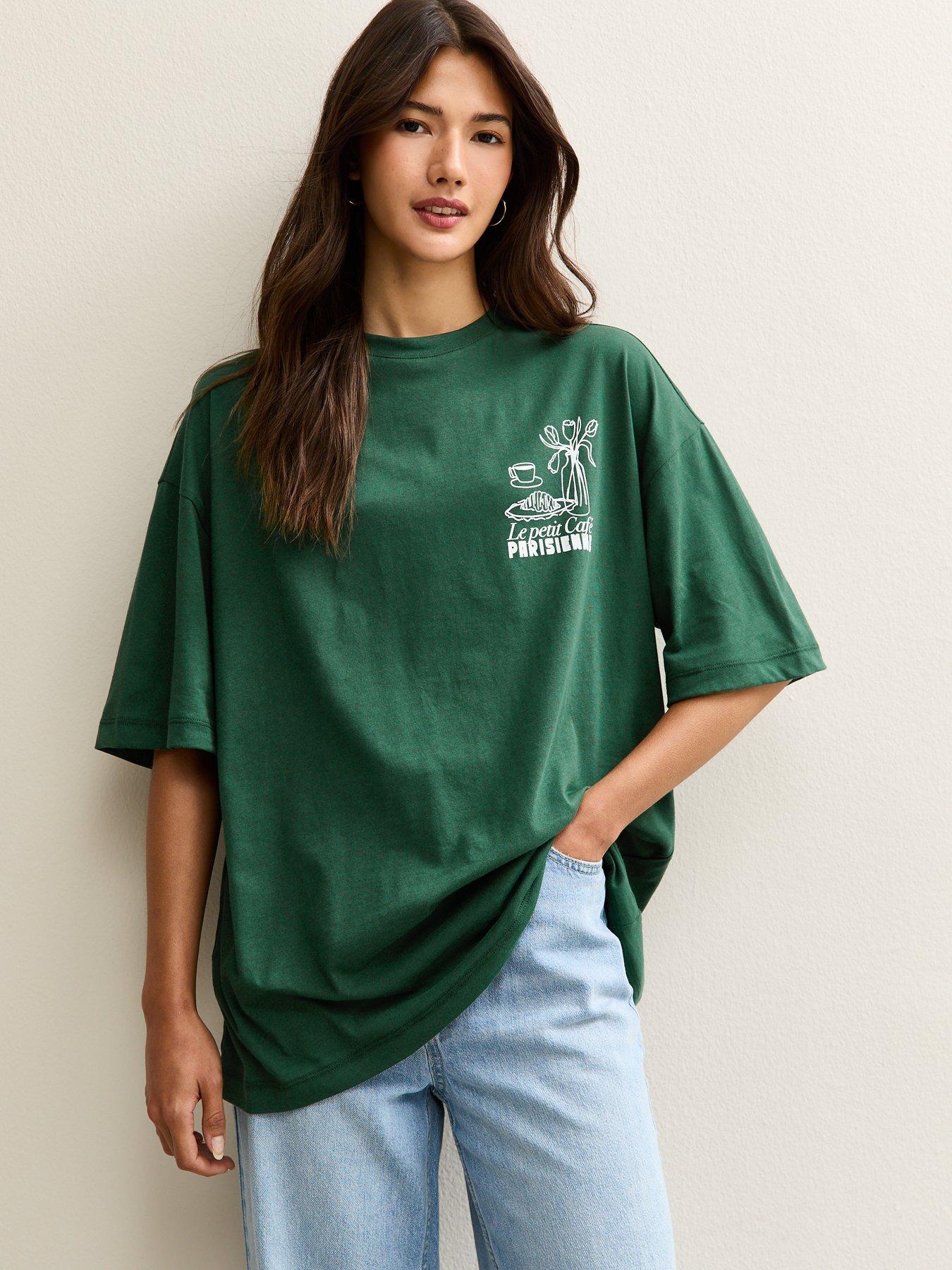 New Look Cafe Parisienne Print Oversized T-Shirt - Green