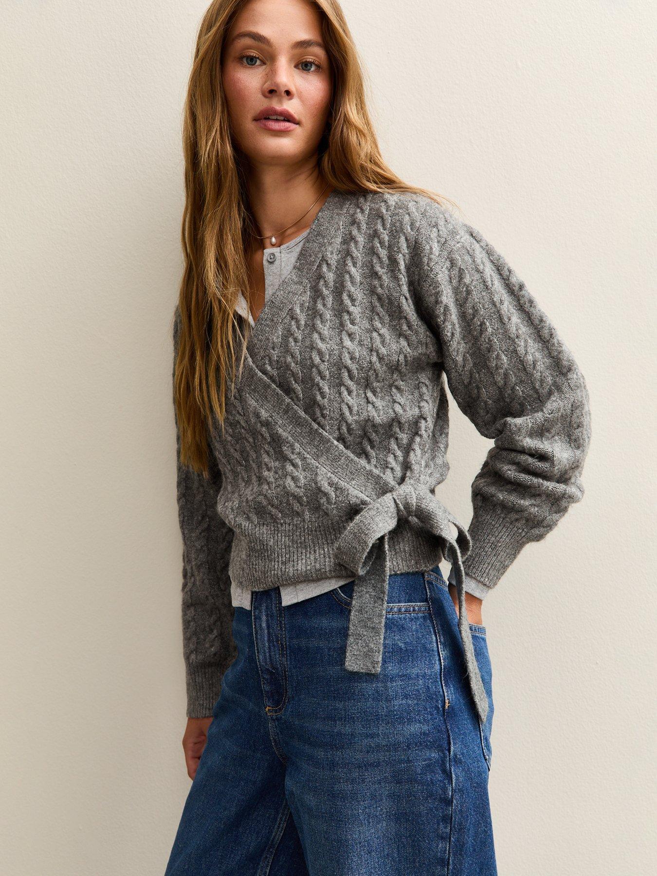 New Look Grey Cable Knit Wrap Jumper
