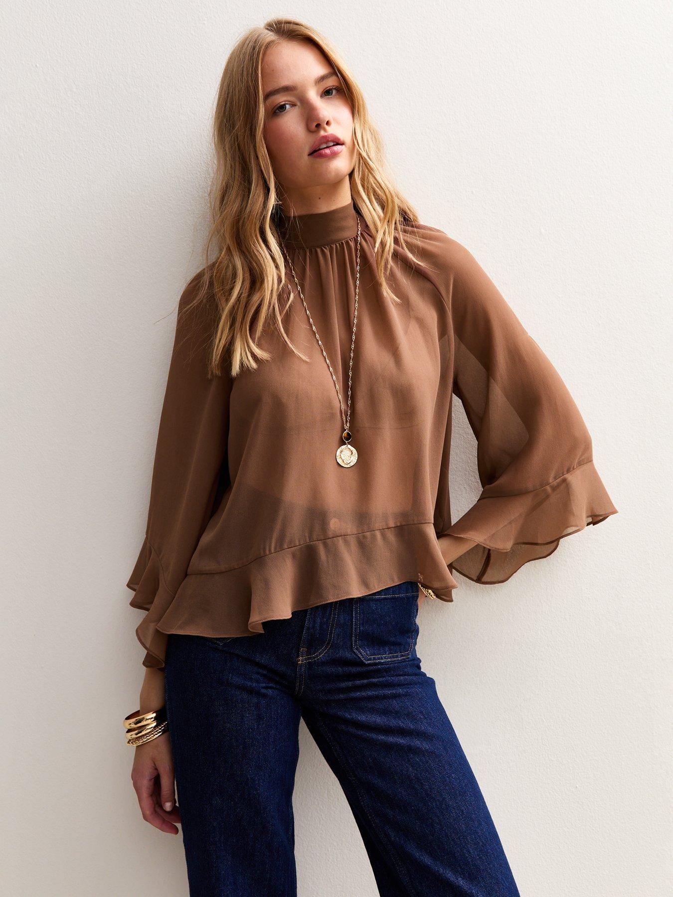 New Look Peta Plain Ruffle Chiff Blouse - Brown