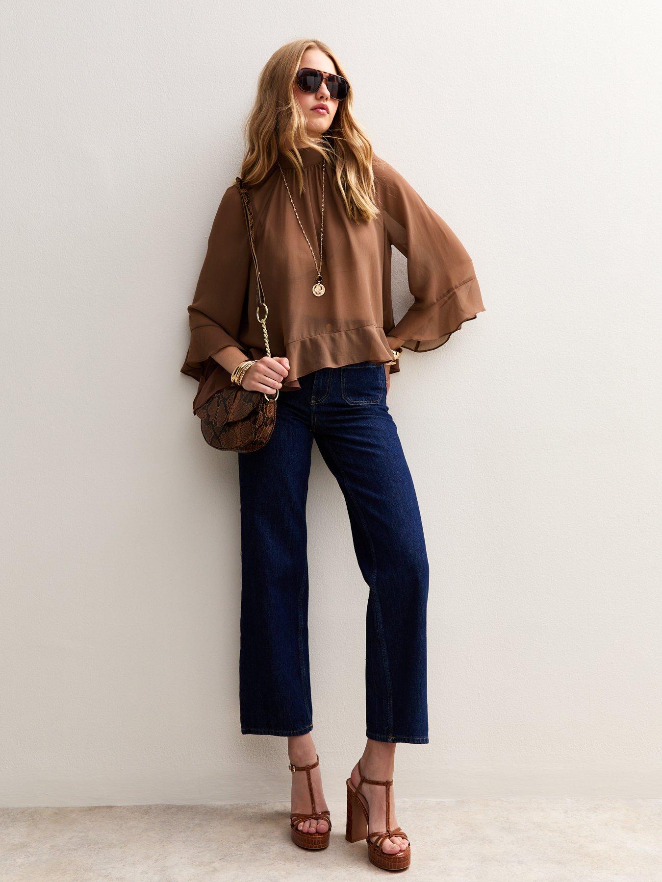 Image 3 of 4 of New Look Peta Plain Ruffle Chiff Blouse - Brown