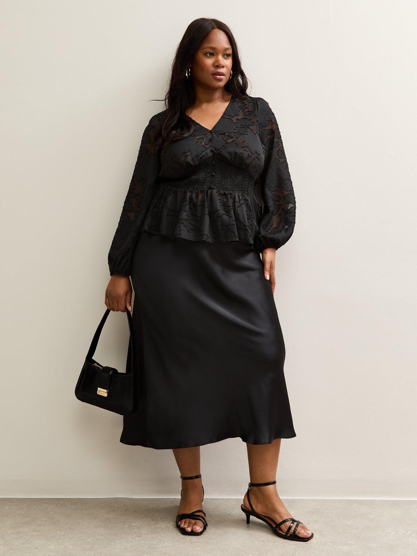 New Look Curves Satin Bias Cut Midi Skirt - Black