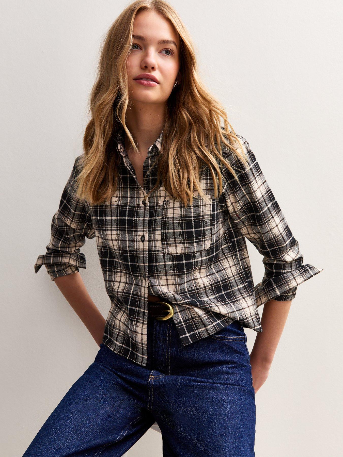 New Look Check Print Long Sleeve Cropped Shirt - Black