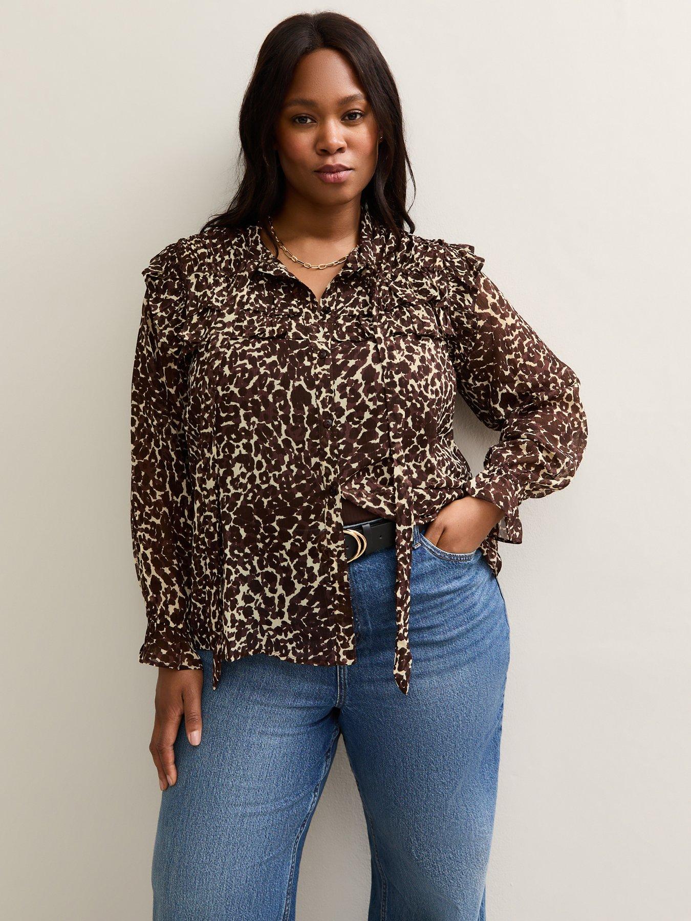undefined Curves Brown Animal Print Ruffle Trim Tie Neck Blouse