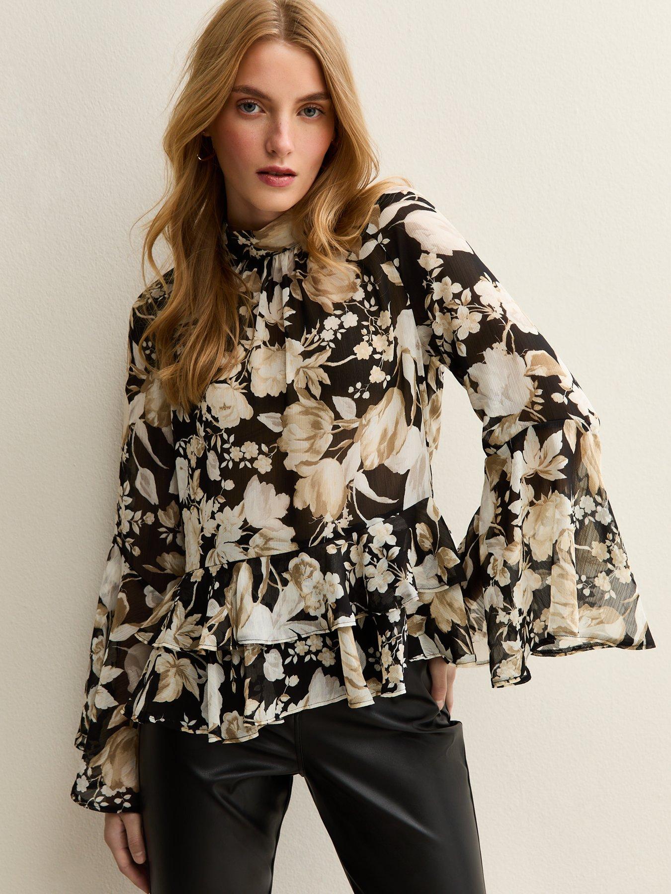 new-look-floral-print-chiffon-high-neck-blouse-black