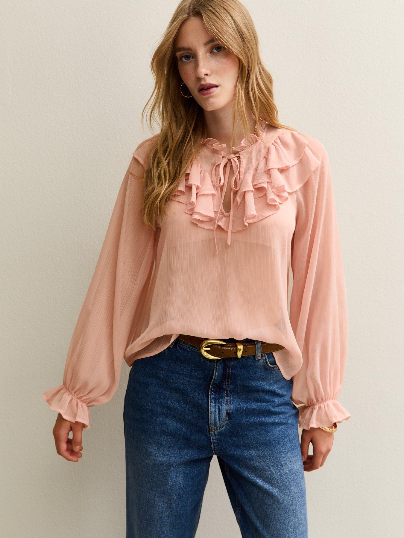 New Look: Frill Trim Chiffon Blouse - Pink