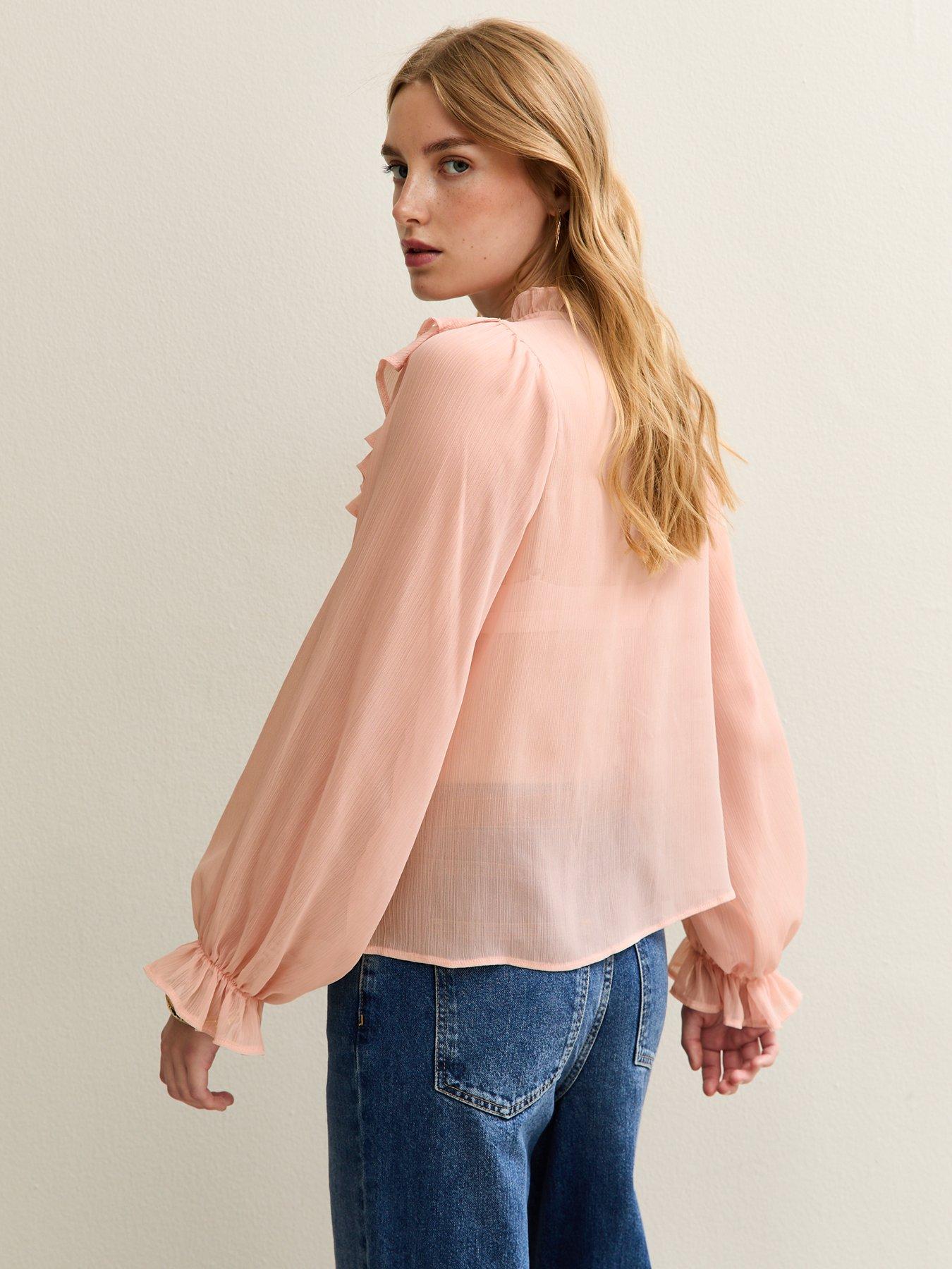Image 2 of 4 of New Look Frill Trim Chiffon Blouse - Pink