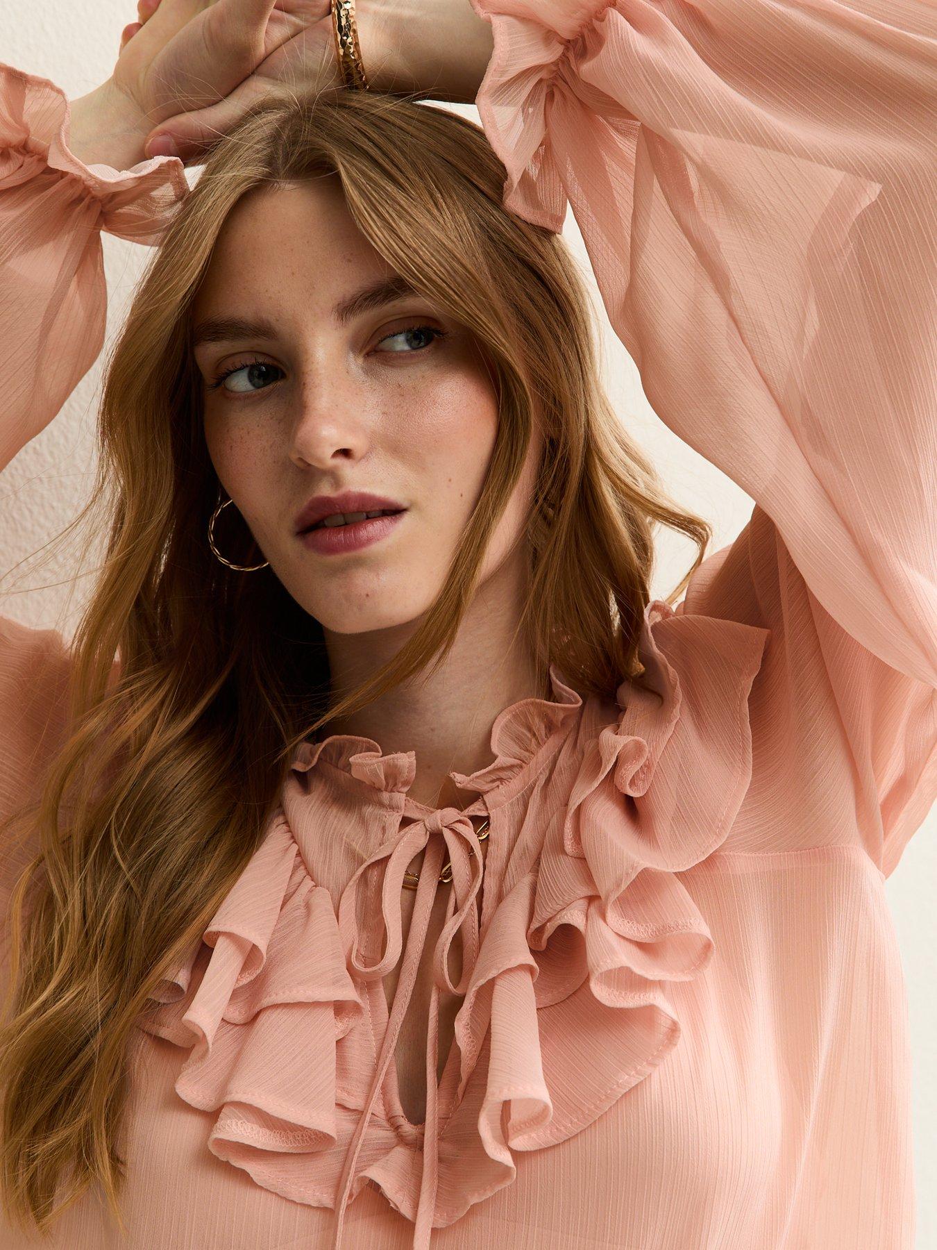 Image 4 of 4 of New Look Frill Trim Chiffon Blouse - Pink