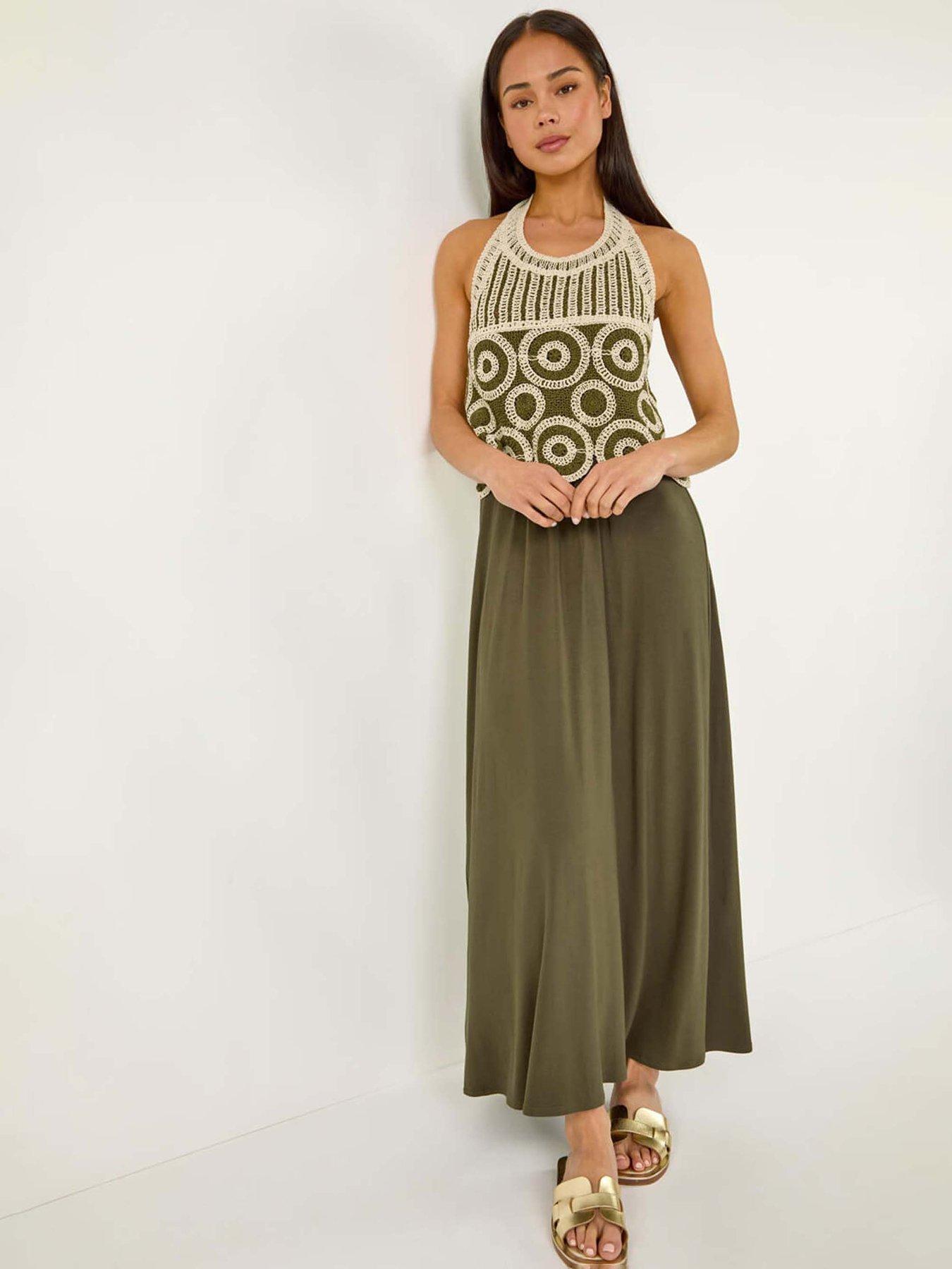 Roman Petite Crochet Halter Neck Maxi Dress - Khaki