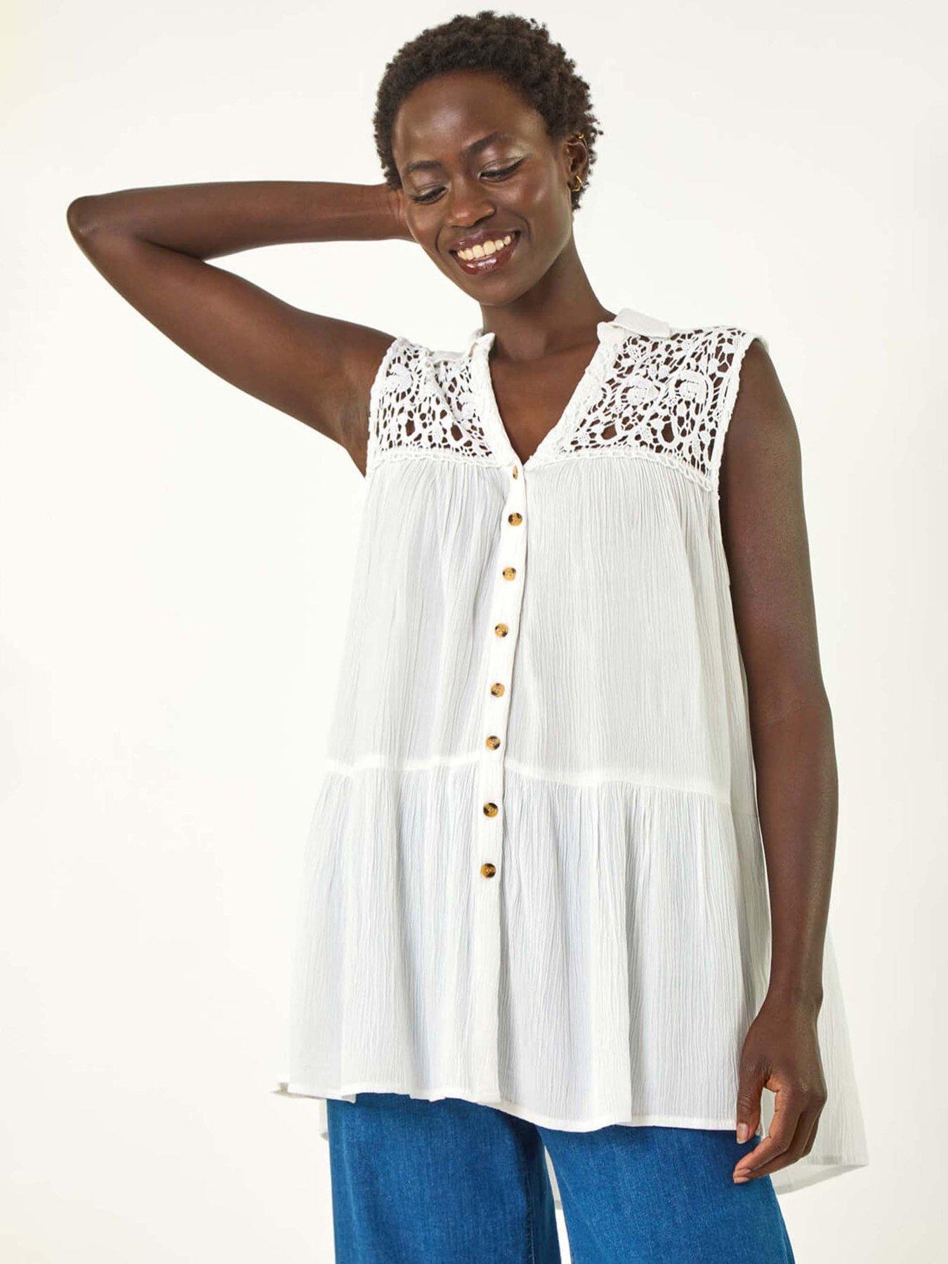 undefined Lace Yoke Tiered Panel Blouse - Ivory
