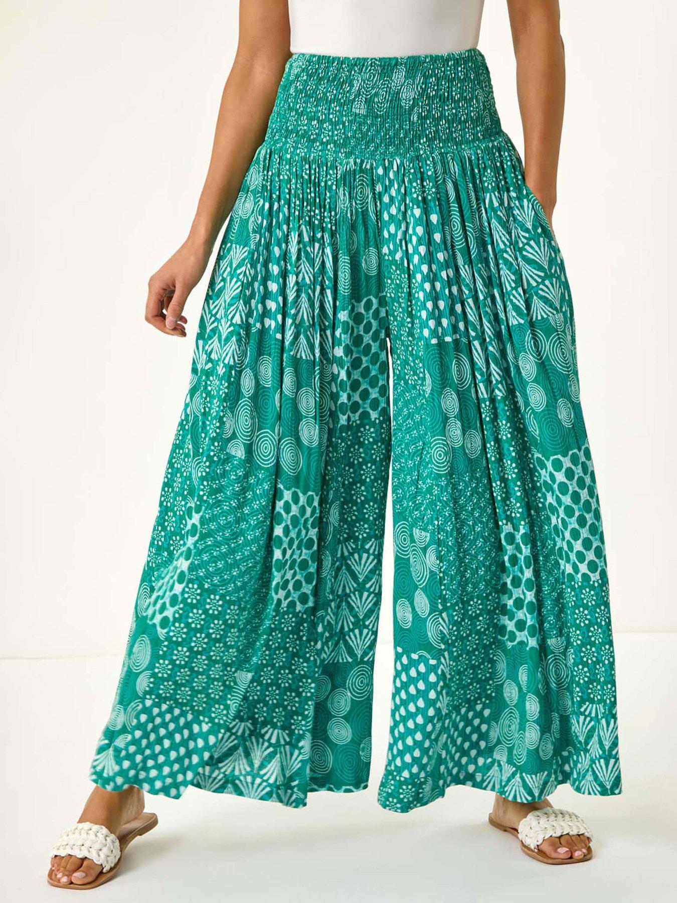 Roman Swirl Print Palazzo Wide Leg Trouser - Jade