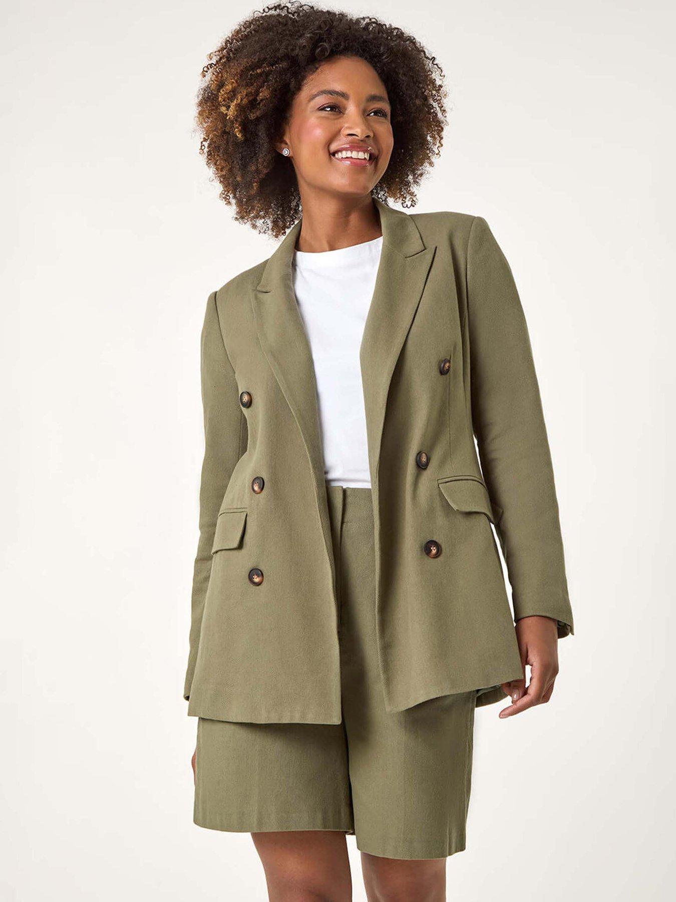 undefined Double Breasted Collar & Revere Blazer - Khaki