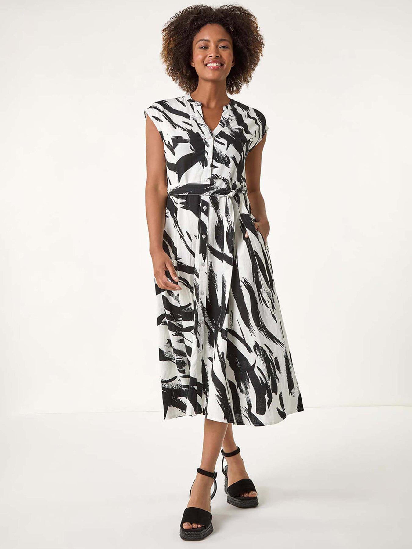 Roman Brushstroke Linen Mix Midi Dress - Black