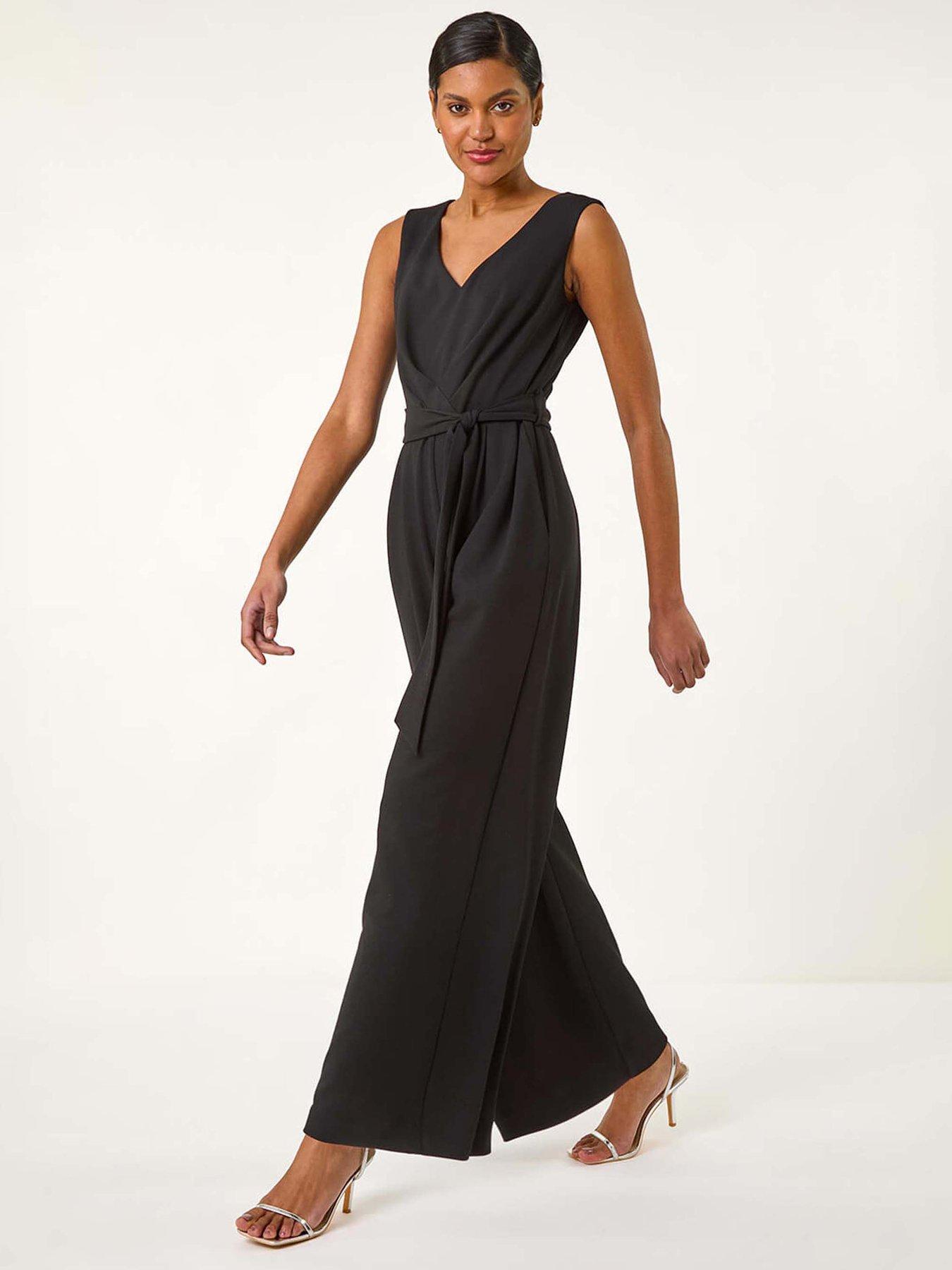 undefined Pleated Wide Leg Stretch Jumpsuit - Black