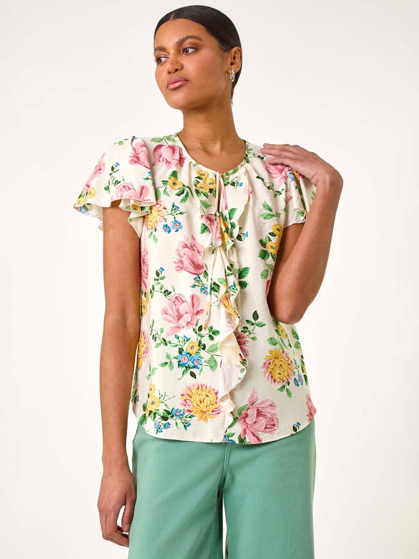 undefined Floral Tie Front Frill Top - Light Pink