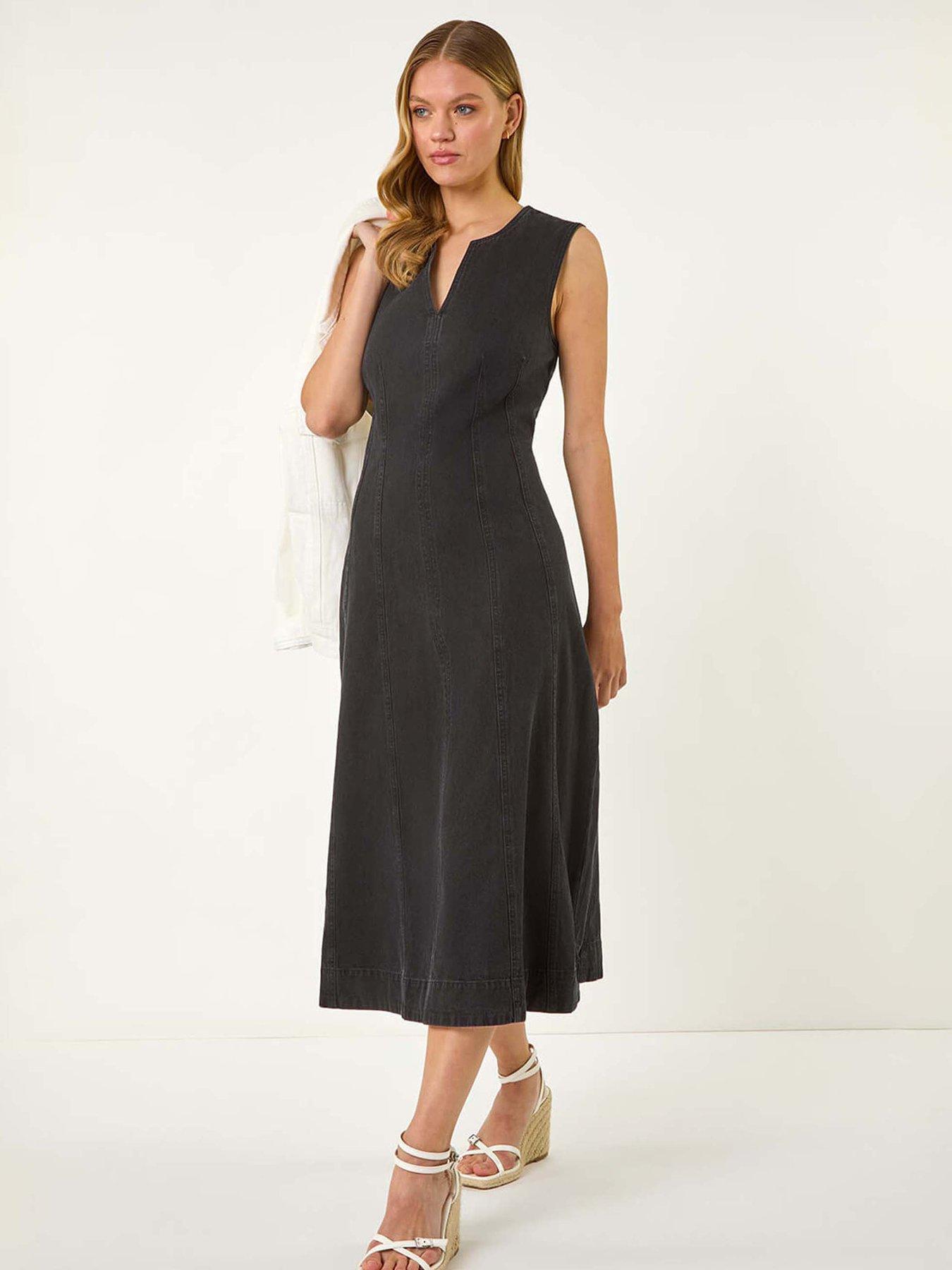 undefined Denim Panel Detail Midi Dress - Black
