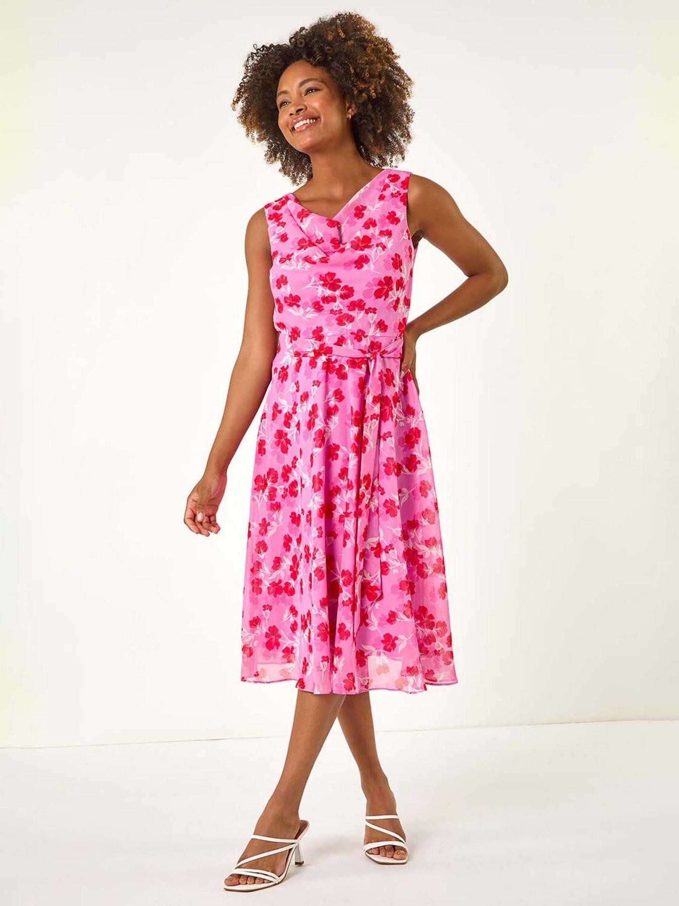 undefined Floral Print Chiffon Cowl Neck Dress - Pink