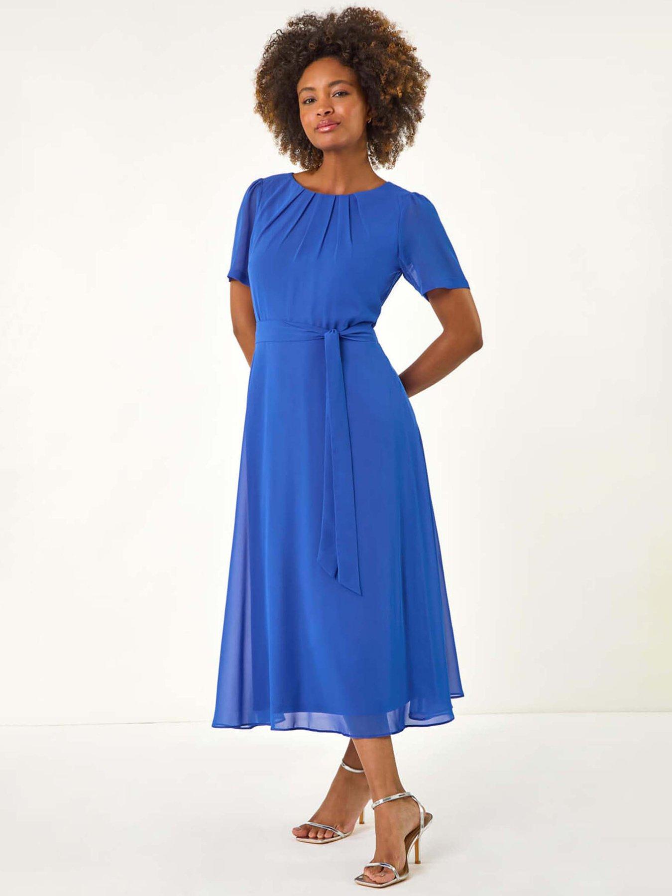 undefined Pleat Chiffon Belted Midi Dress - Blue
