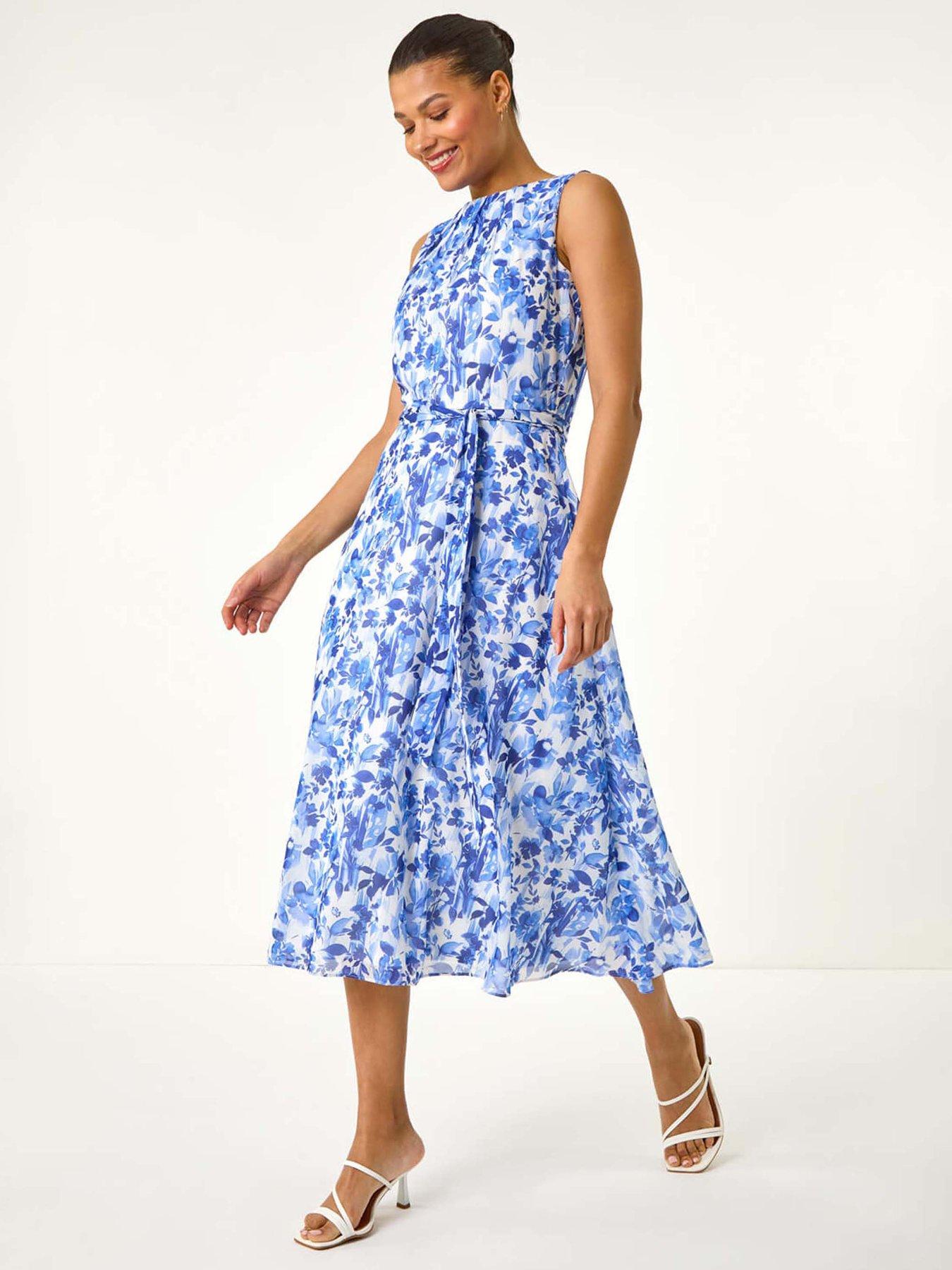 undefined Floral Print Pleat Neck Midi Dress - Blue