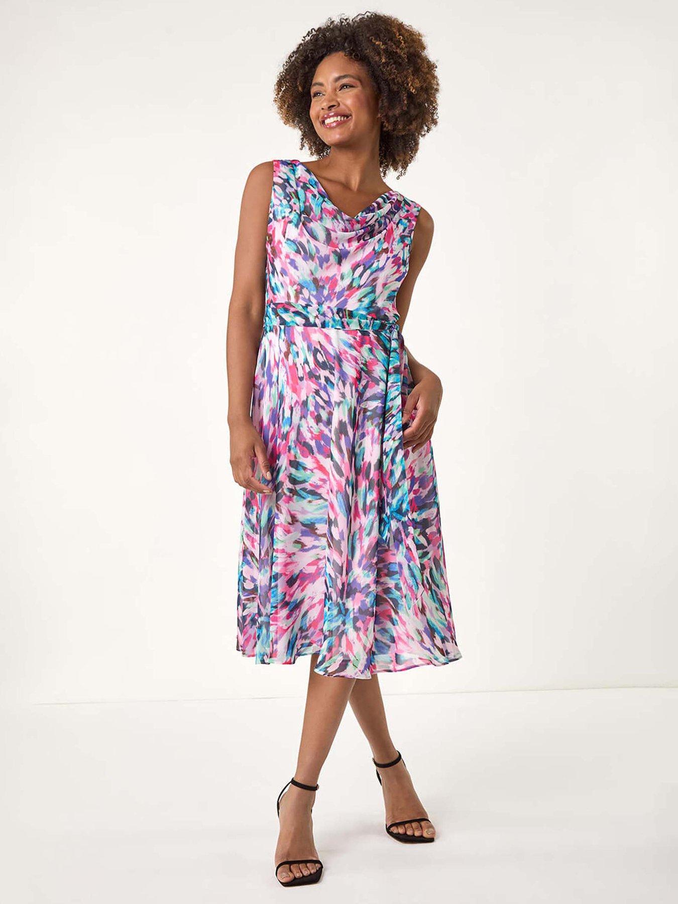 undefined Abstract Print Chiffon Cowl Neck Dress - Lilac