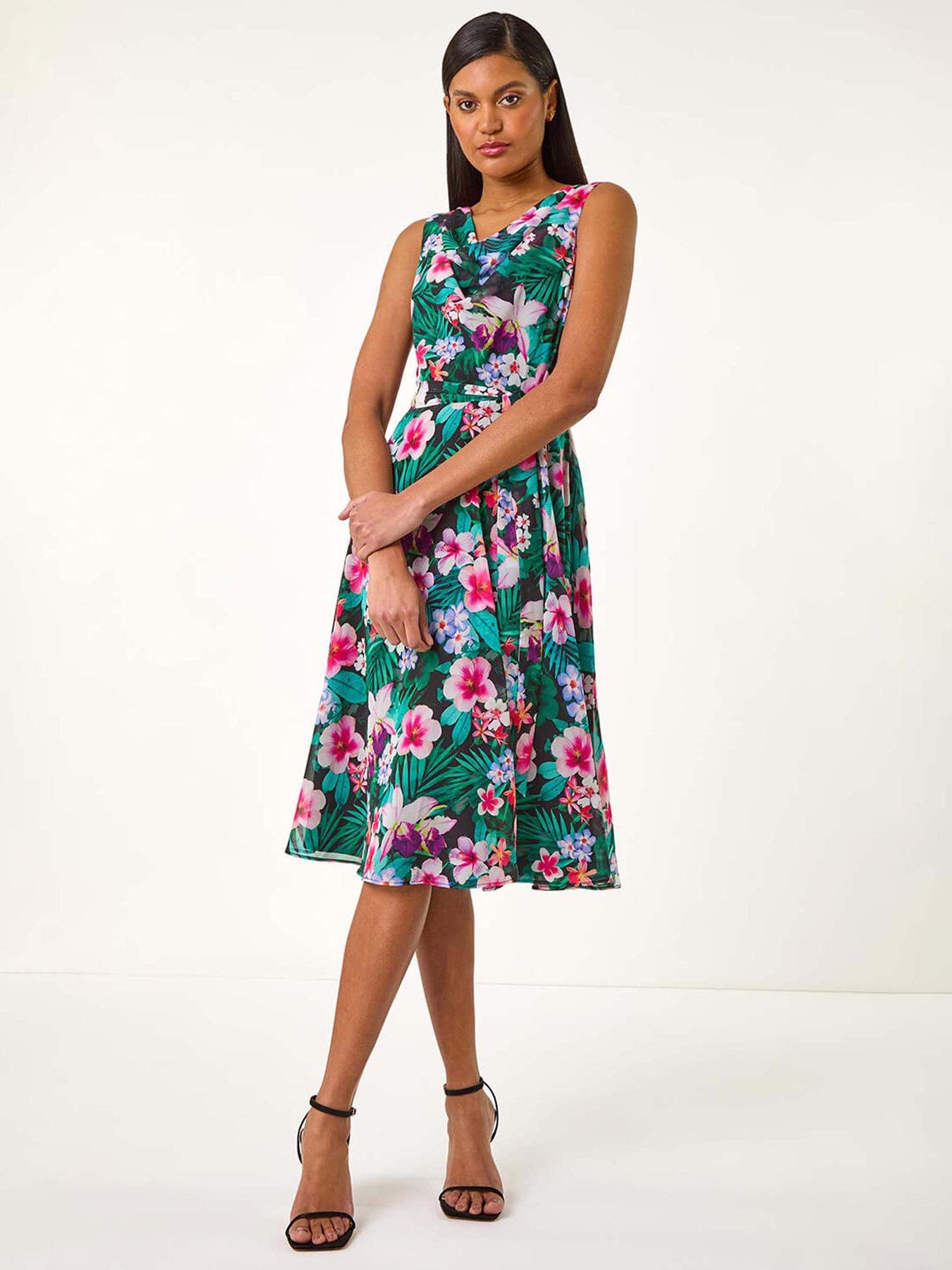 undefined Floral Print Chiffon Cowl Neck Dress - Black
