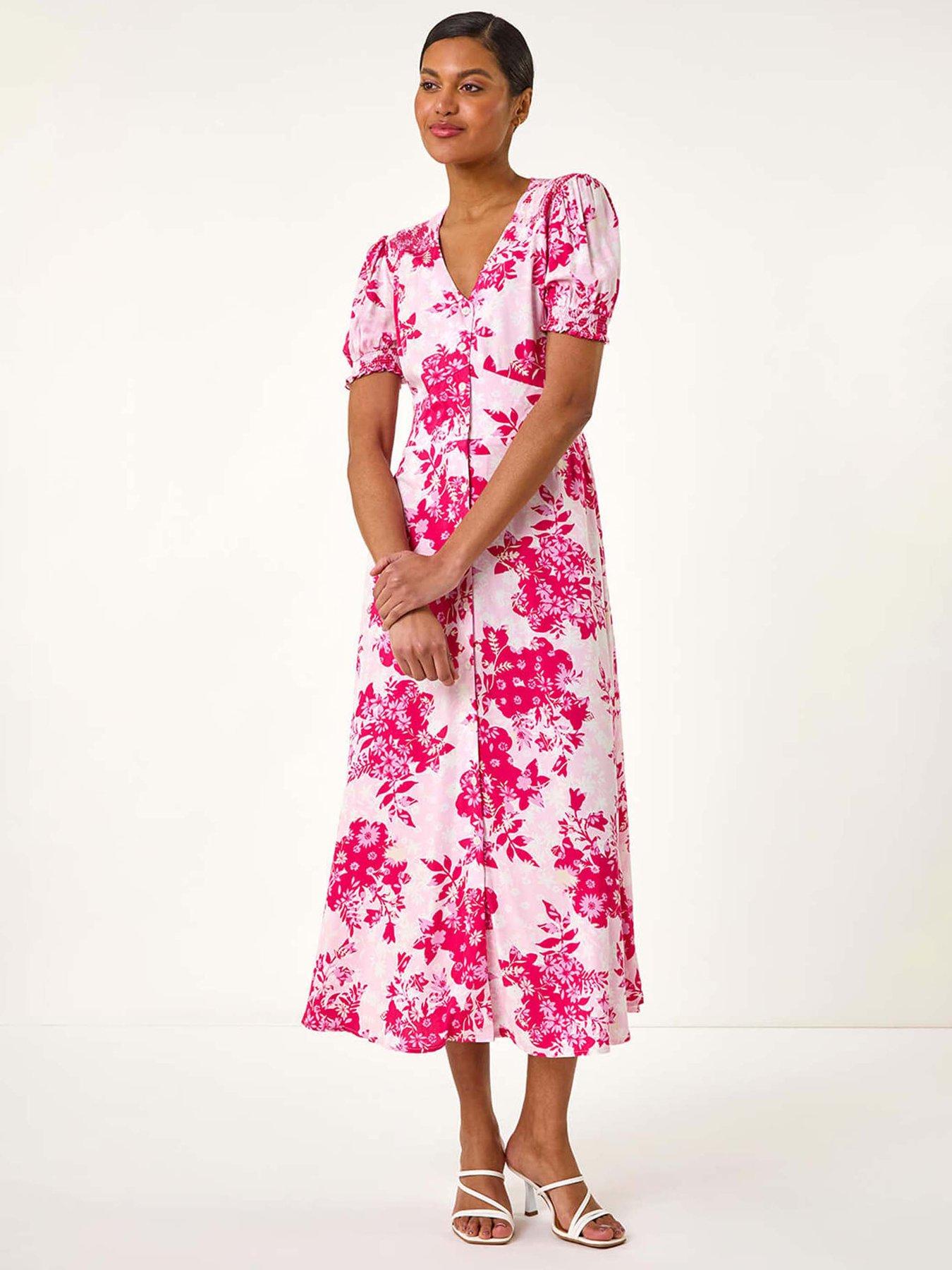 undefined Floral Print Button Through Midi Dress - Pink