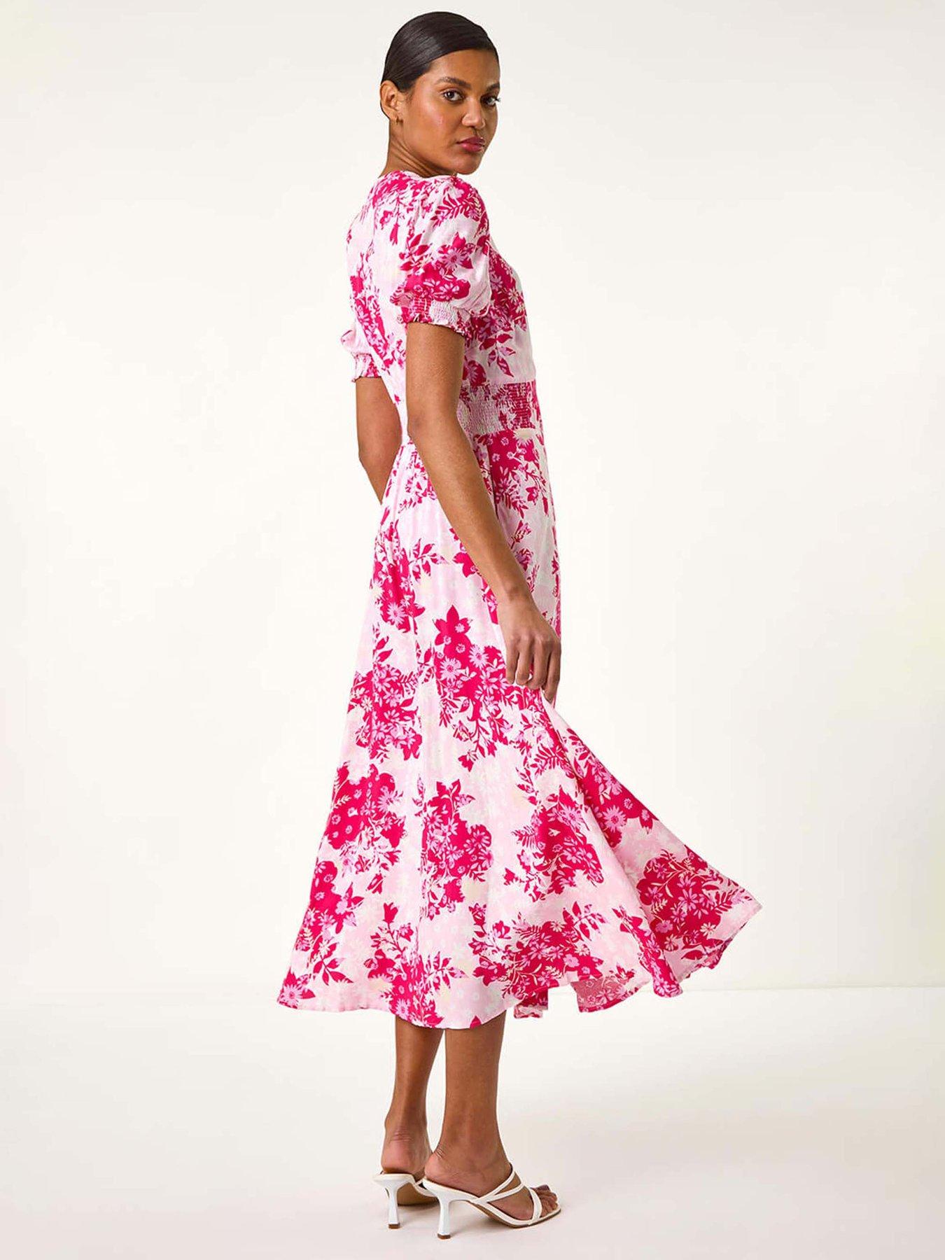 Retro Pink Floral Print Round Neck Button Long Sleeve Midi Dress