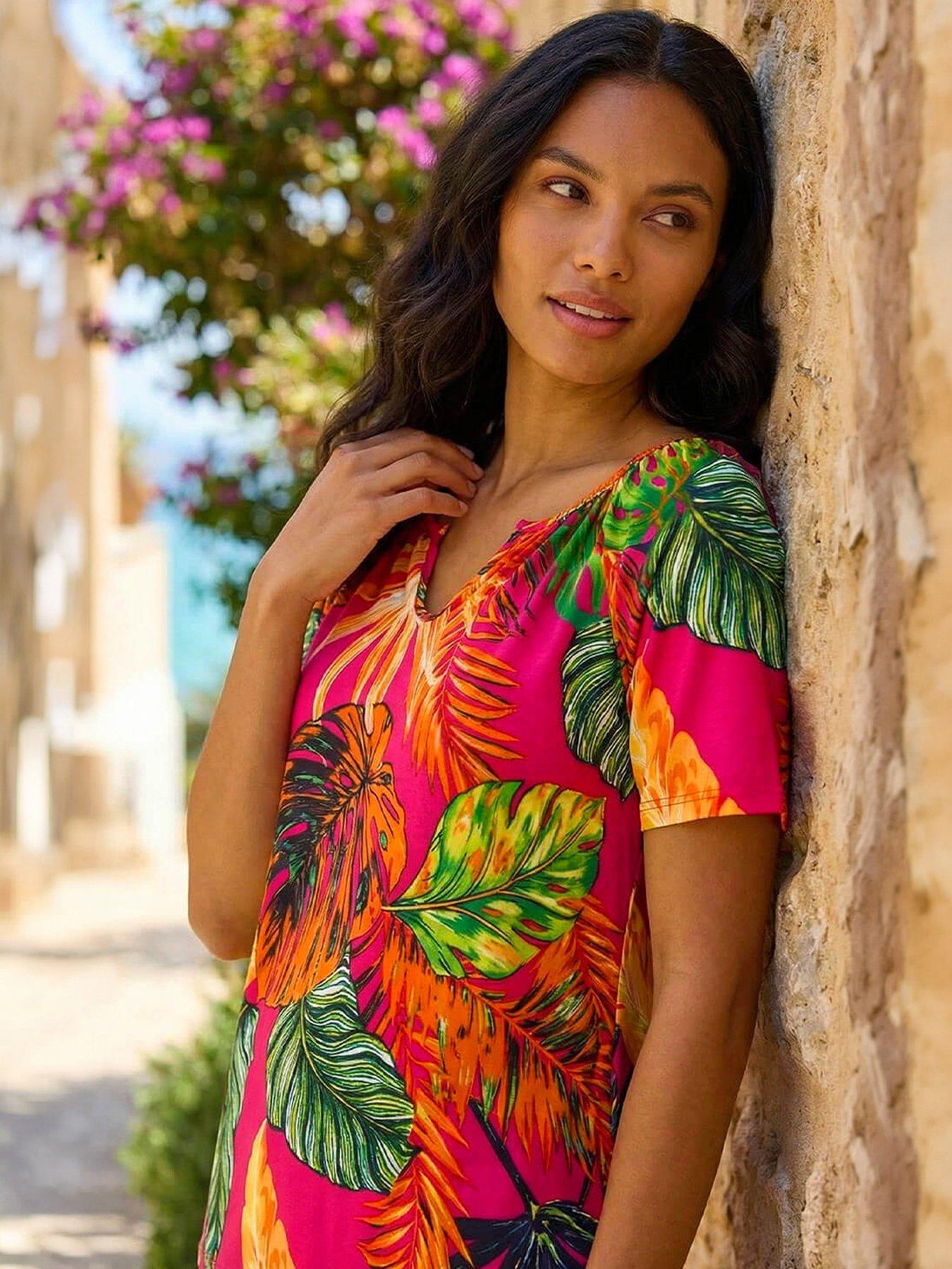 Roman Tropical Print Notch Neck Stretch Top, Pink, Size 10, Women