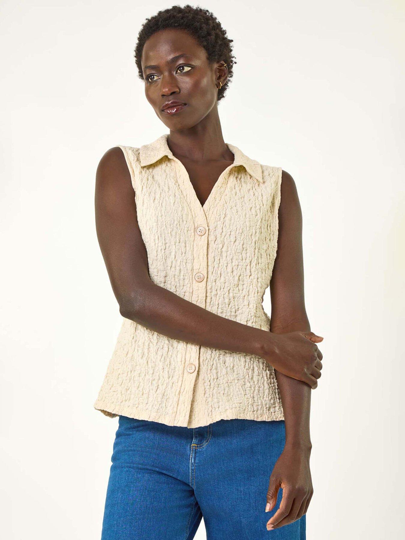 undefined Textured Sleeveless Buttoned Blouse - Ivory