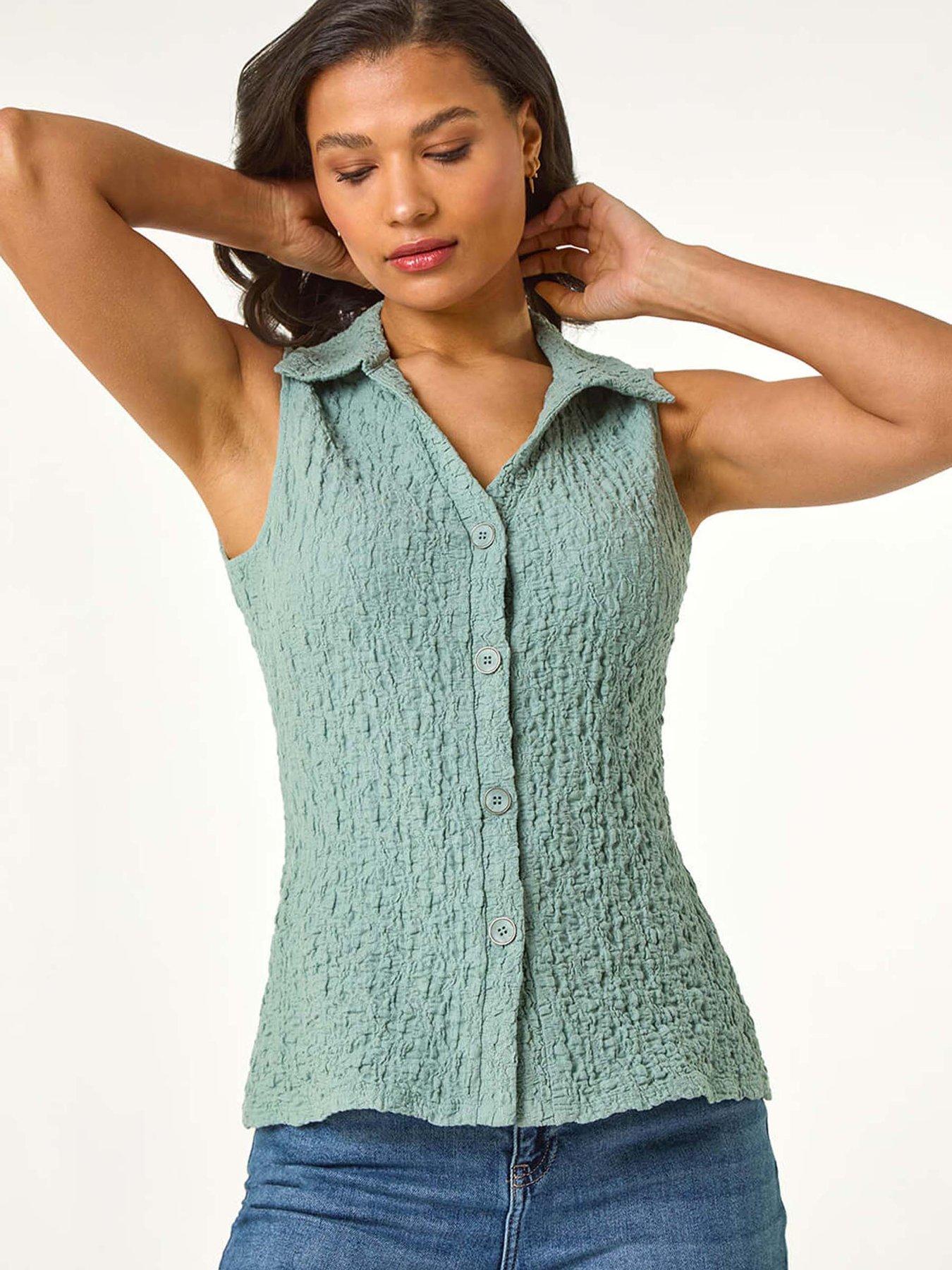 undefined Textured Sleeveless Buttoned Blouse - Sage