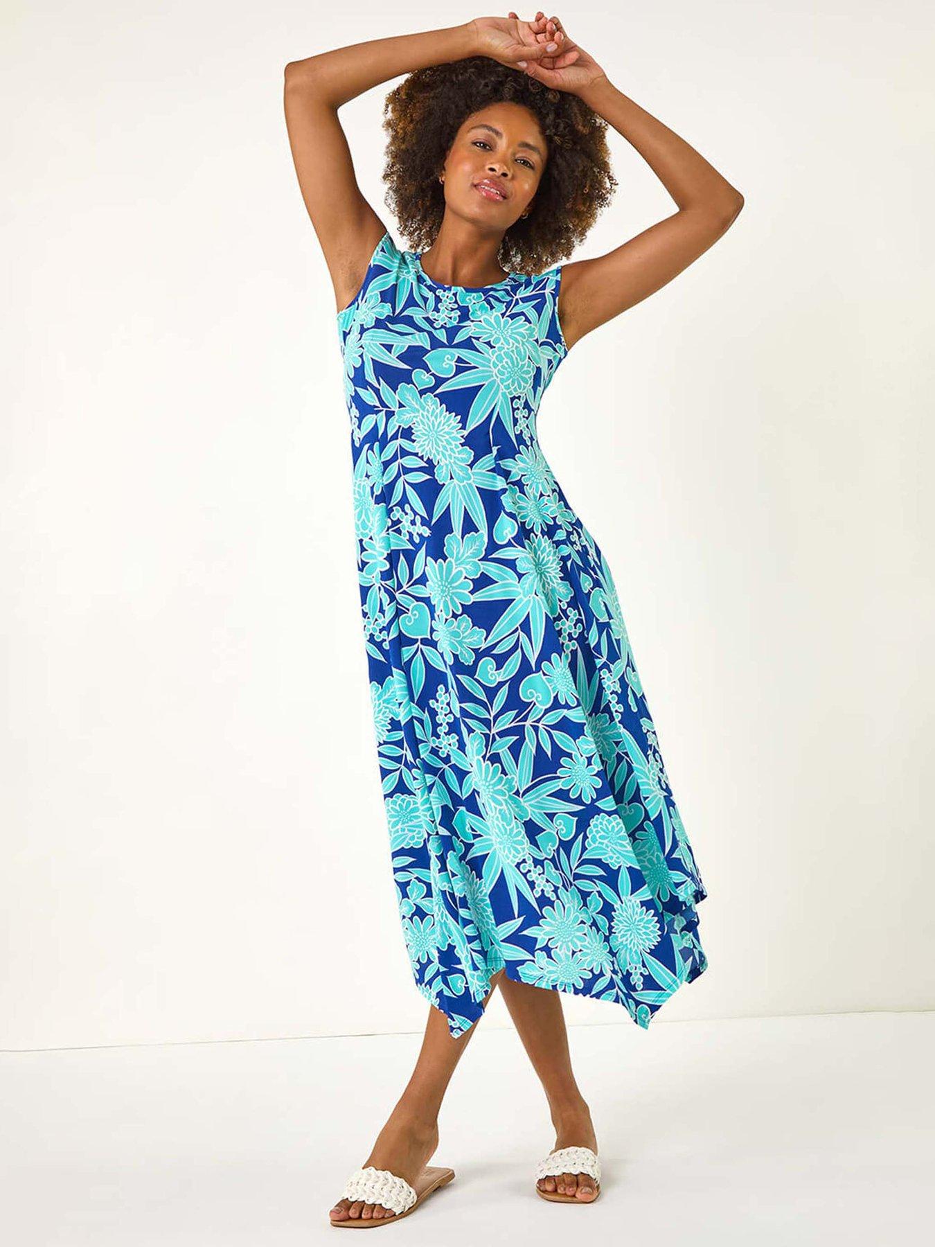 undefined Floral Puff Print Stretch Maxi Dress - Royal Blue