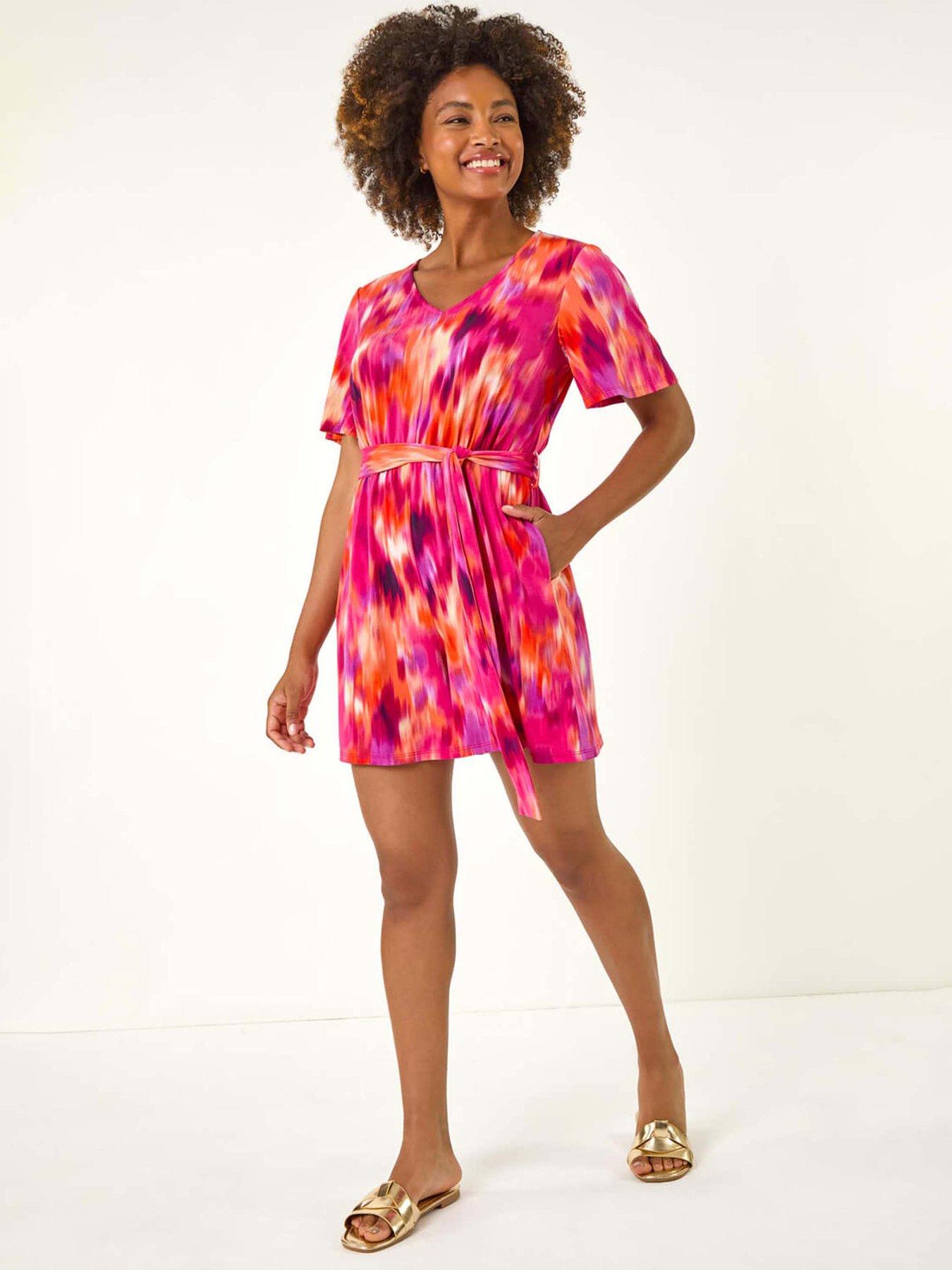 undefined Abstract Print Belted Playsuit - Fuchsia