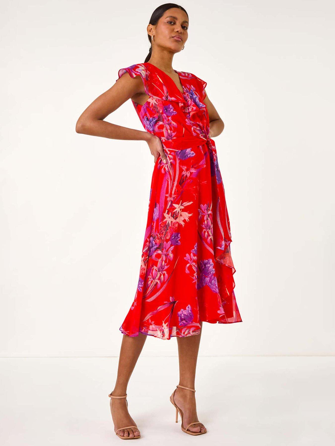 Roman Floral Print Ruffle Wrap Front Midi Dress - Red