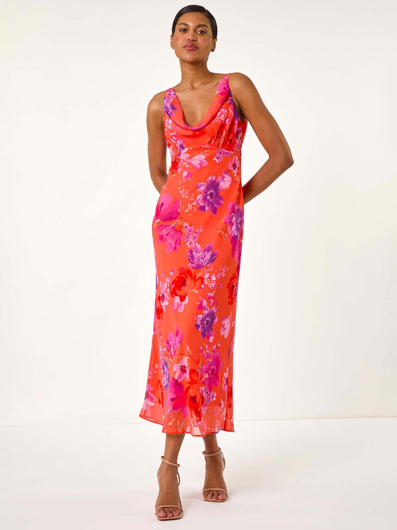 undefined Floral Cowl Neck Midi Dress - Orange