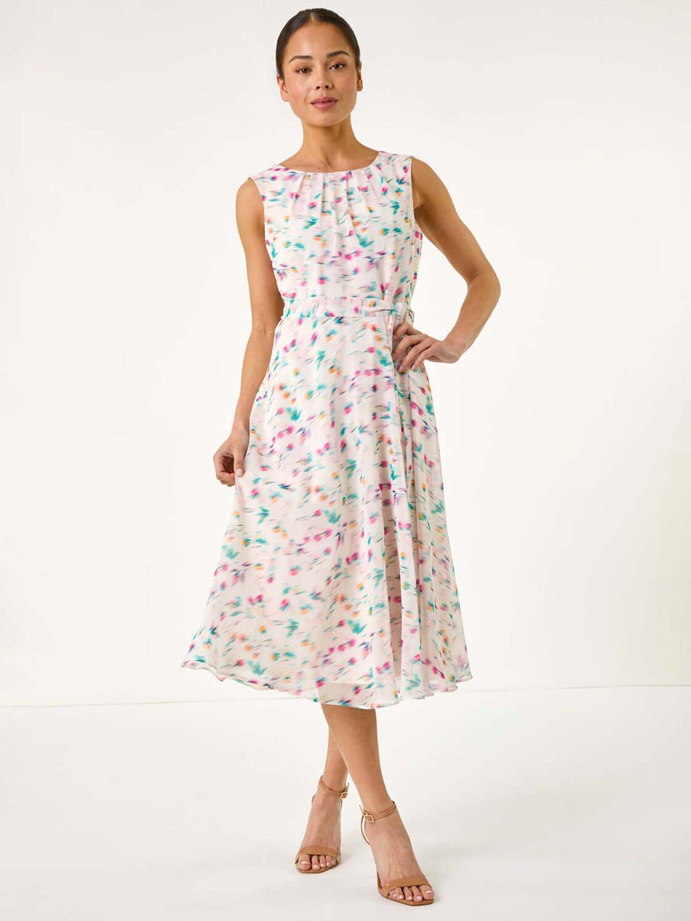 undefined Petite Abstract Print Pleated Midi Dress - Ivory