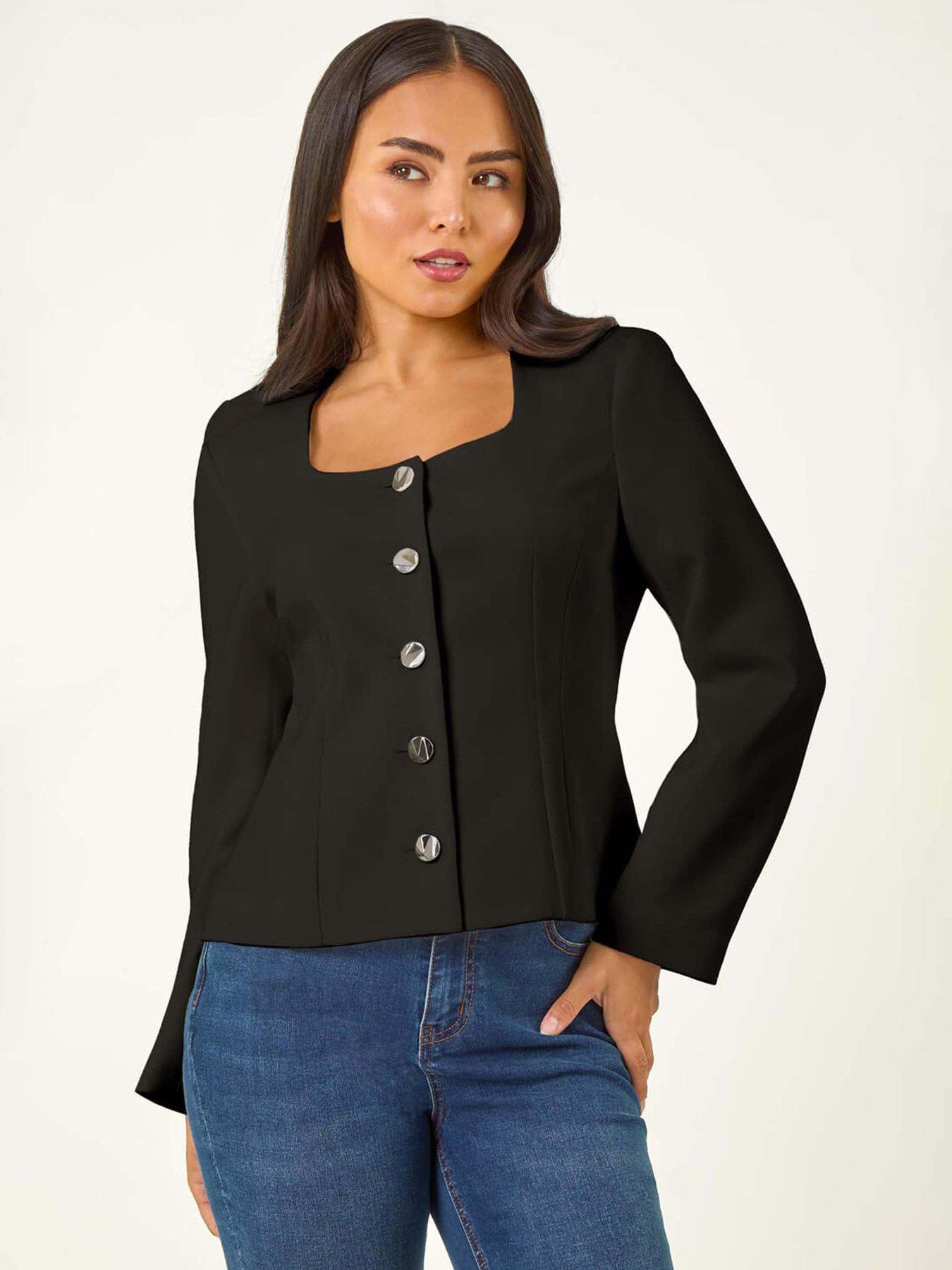 undefined Petite Scoop Neck Buttoned Jacket - Black