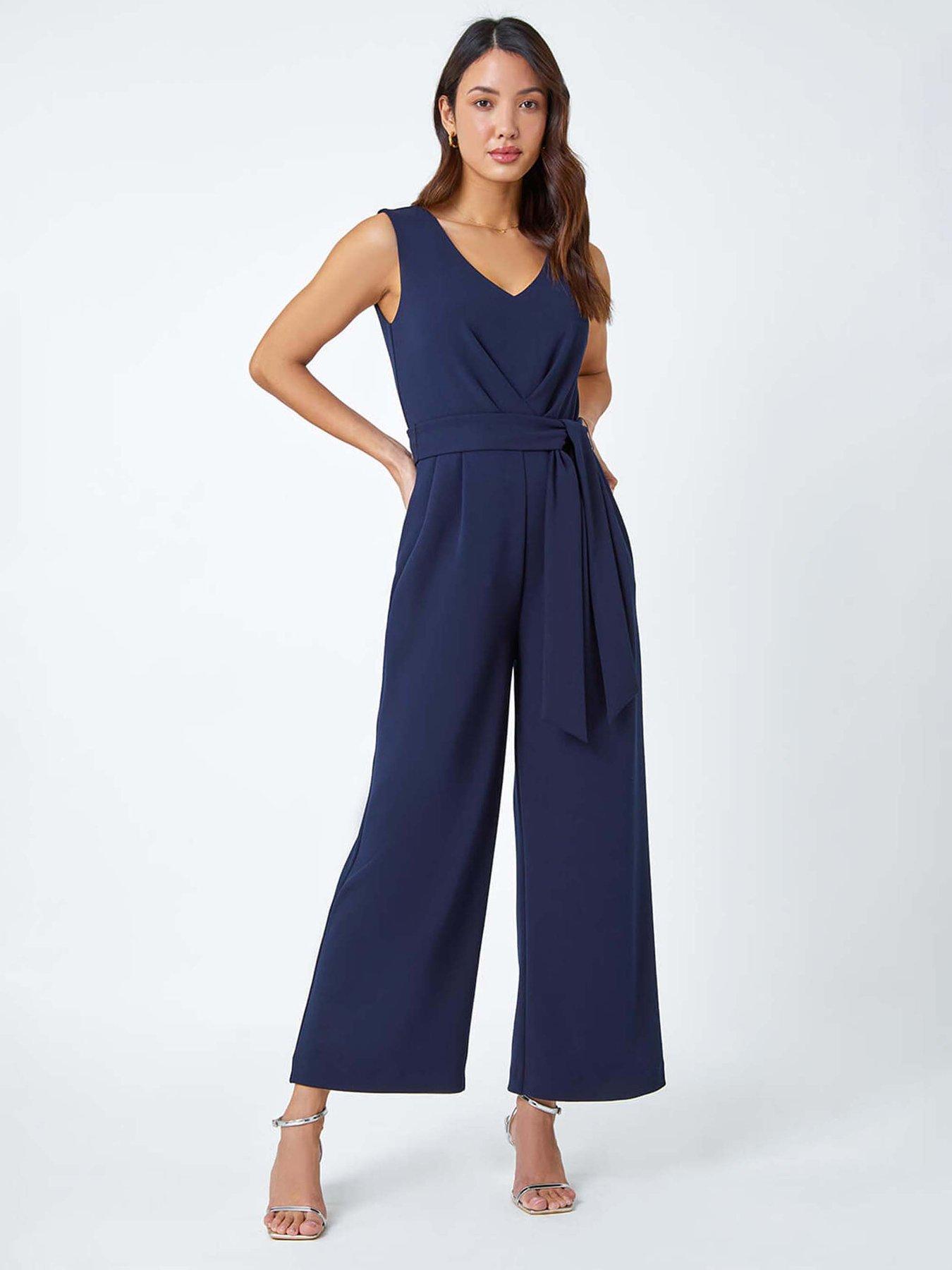 undefined Pleat Detail Wide Leg Stretch Jumpsuit - Navy