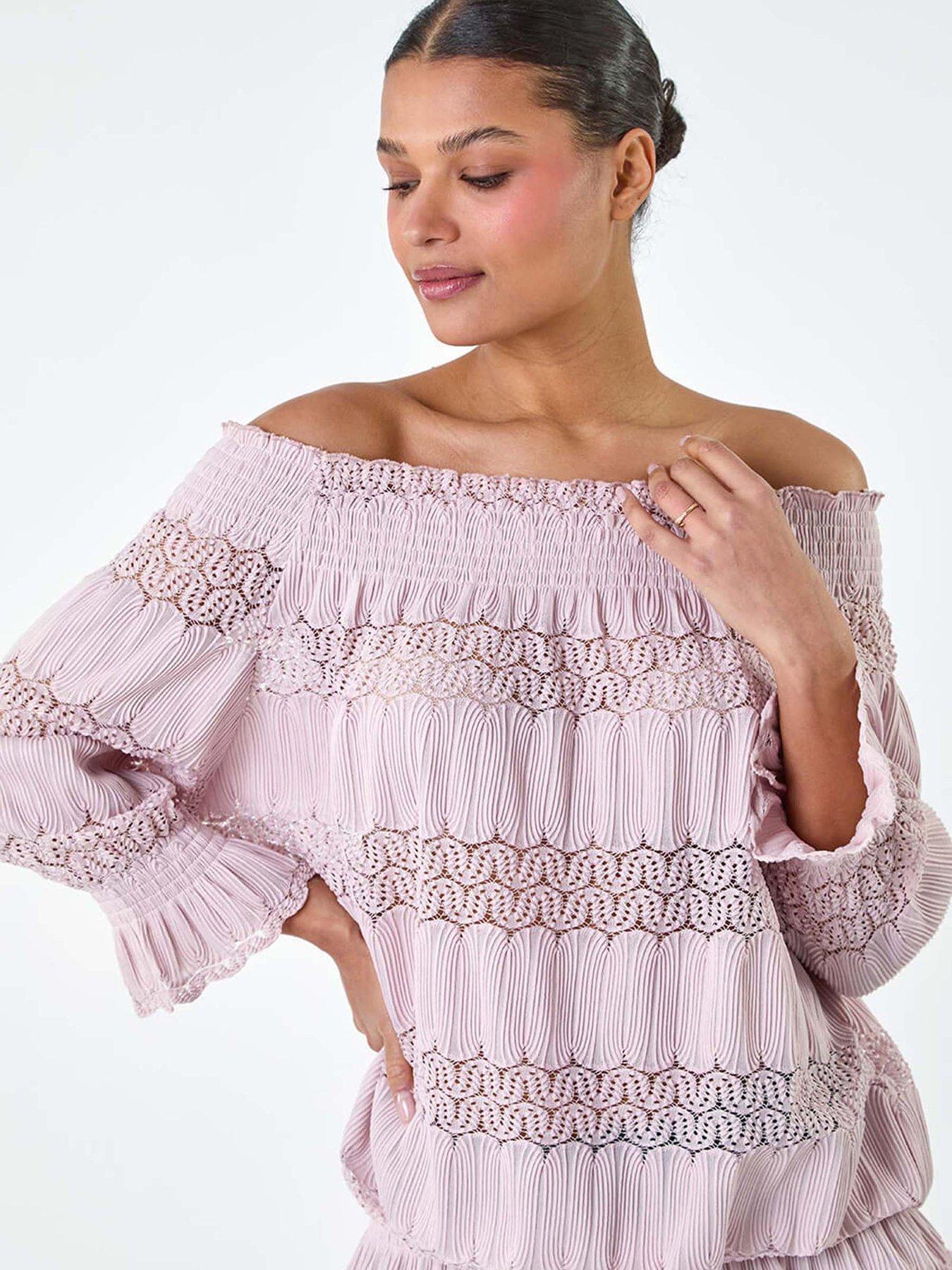 undefined Lace Insert Frill Bardot Top - Light Pink